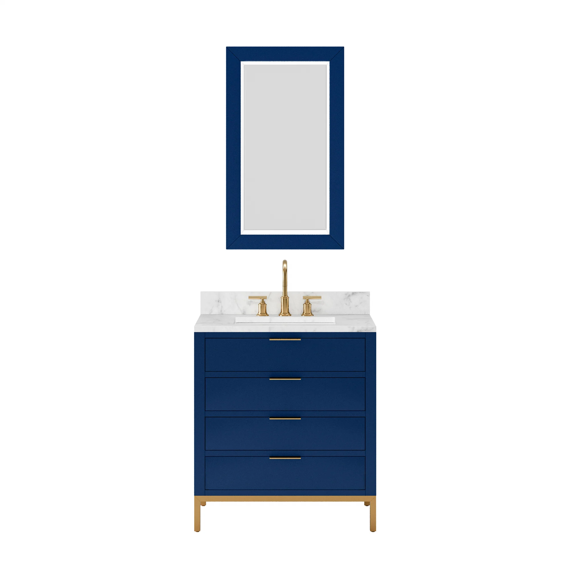 Water Creation Bristol 30" Single Sink Carrara White Marble Countertop Bath Vanity in Monarch Blue with Satin Gold Gooseneck Faucet - Image 4