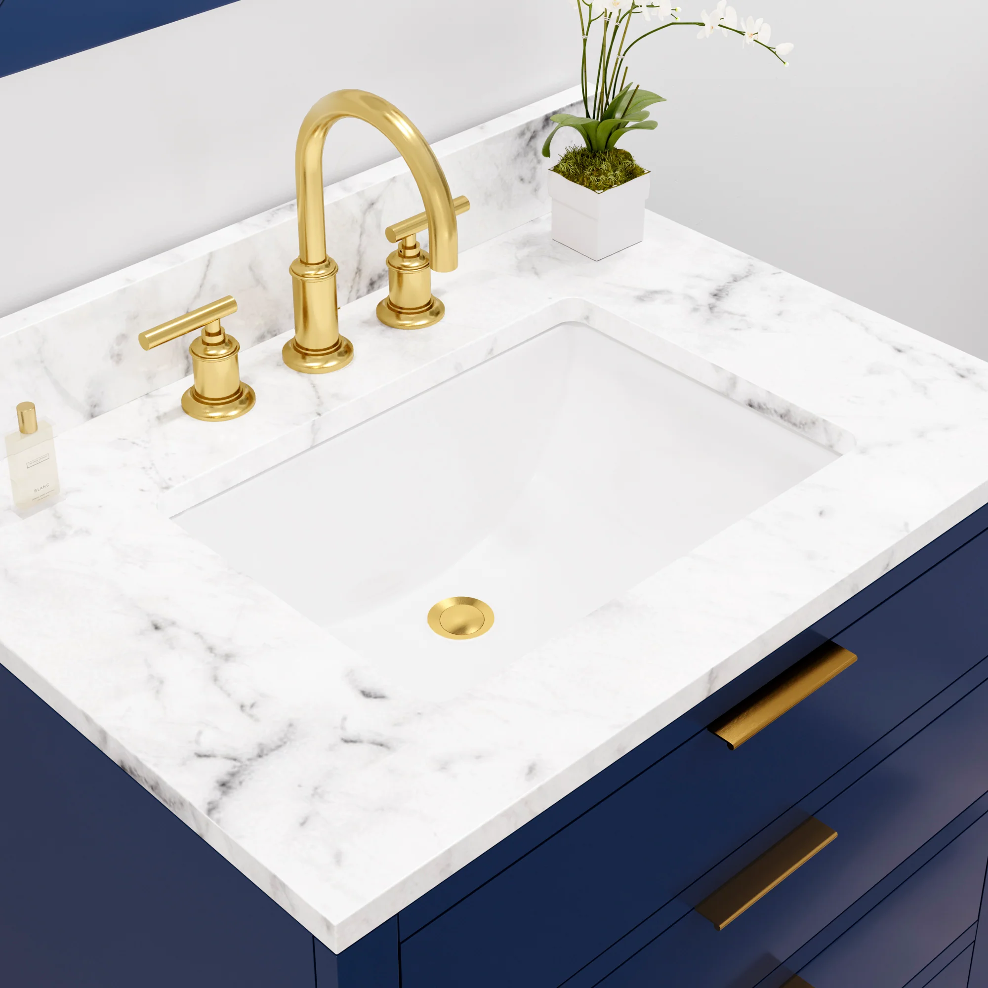 Water Creation Bristol 30" Single Sink Carrara White Marble Countertop Bath Vanity in Monarch Blue with Satin Gold Gooseneck Faucet - Image 5