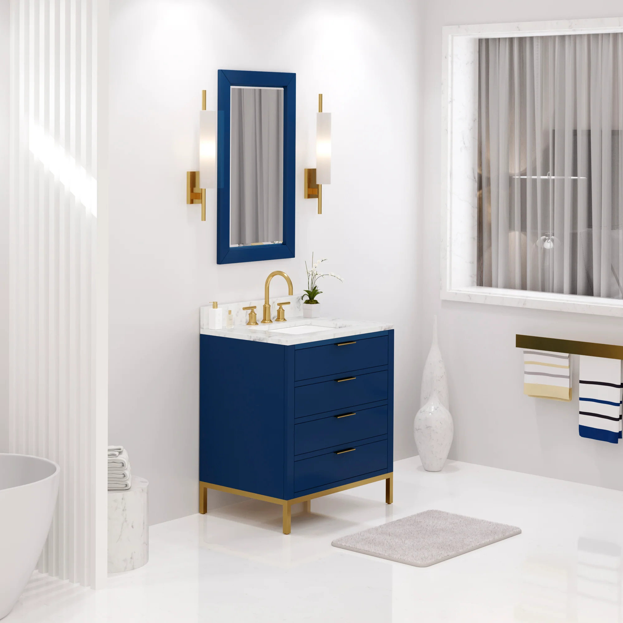 Water Creation Bristol 30" Single Sink Carrara White Marble Countertop Bath Vanity in Monarch Blue with Satin Gold Gooseneck Faucet - Image 2