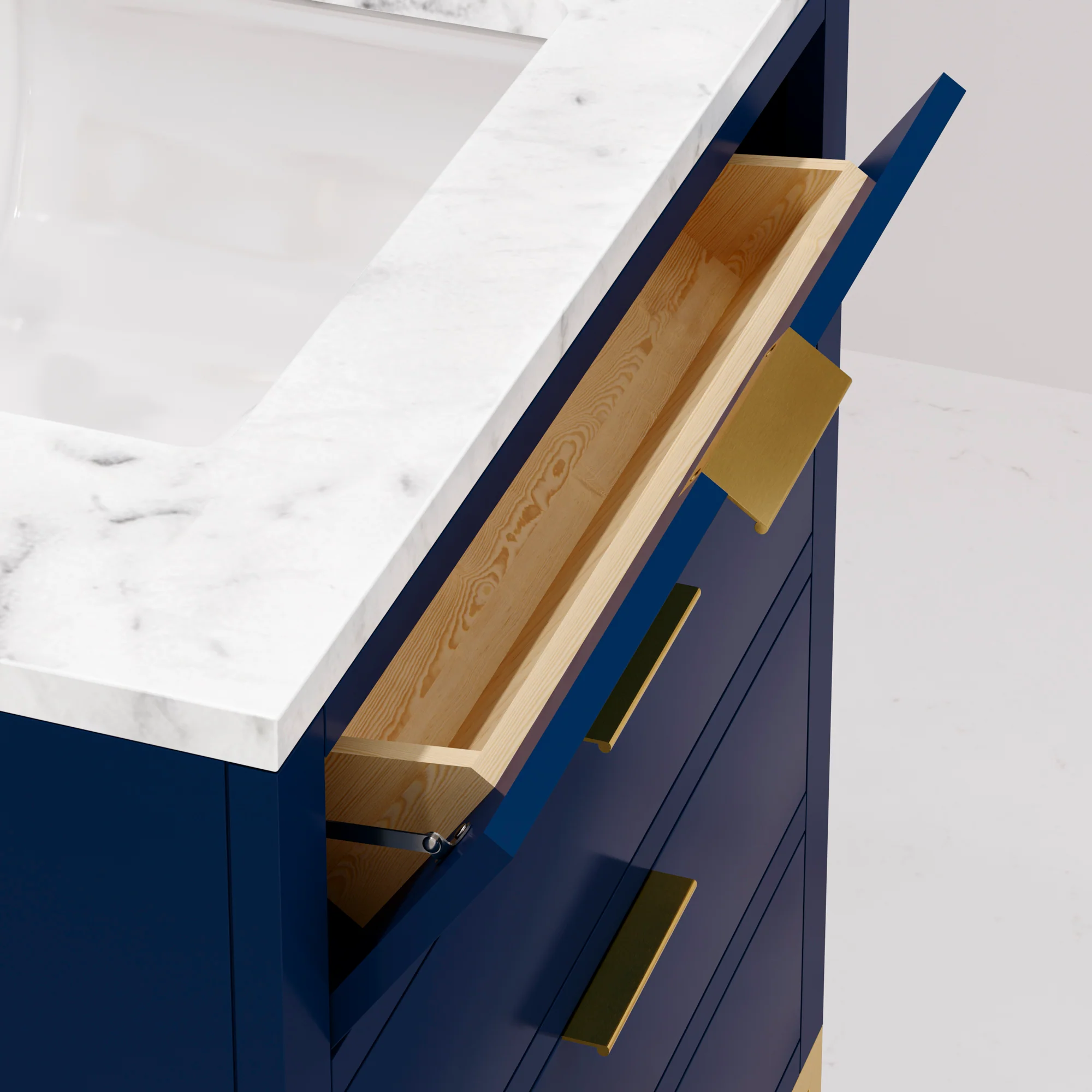 Water Creation Bristol 30" Single Sink Carrara White Marble Countertop Bath Vanity in Monarch Blue with Satin Gold Gooseneck Faucet - Image 6