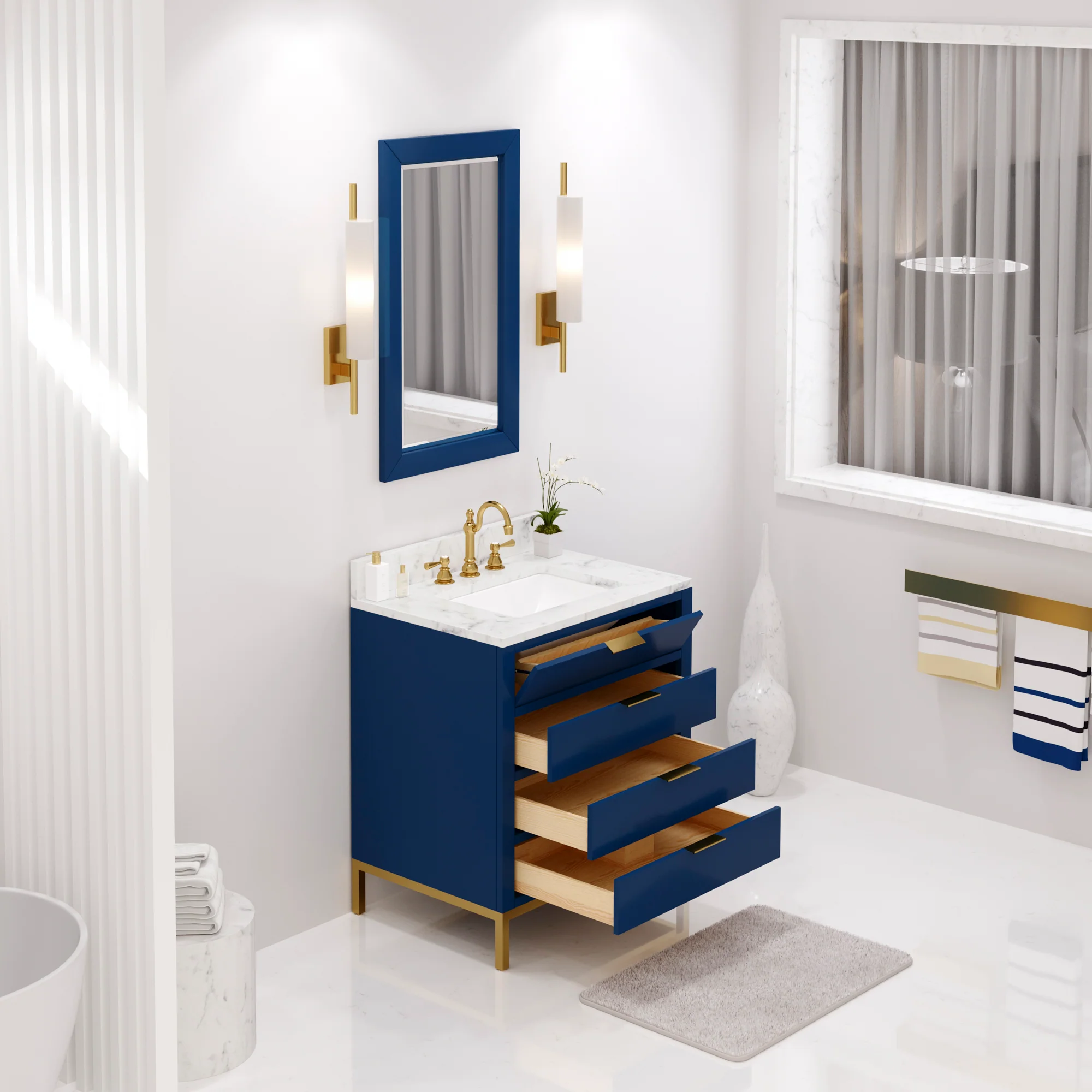 Water Creation Bristol 30" Single Sink Carrara White Marble Countertop Bath Vanity in Monarch Blue with Satin Gold Hook Faucet - Image 3