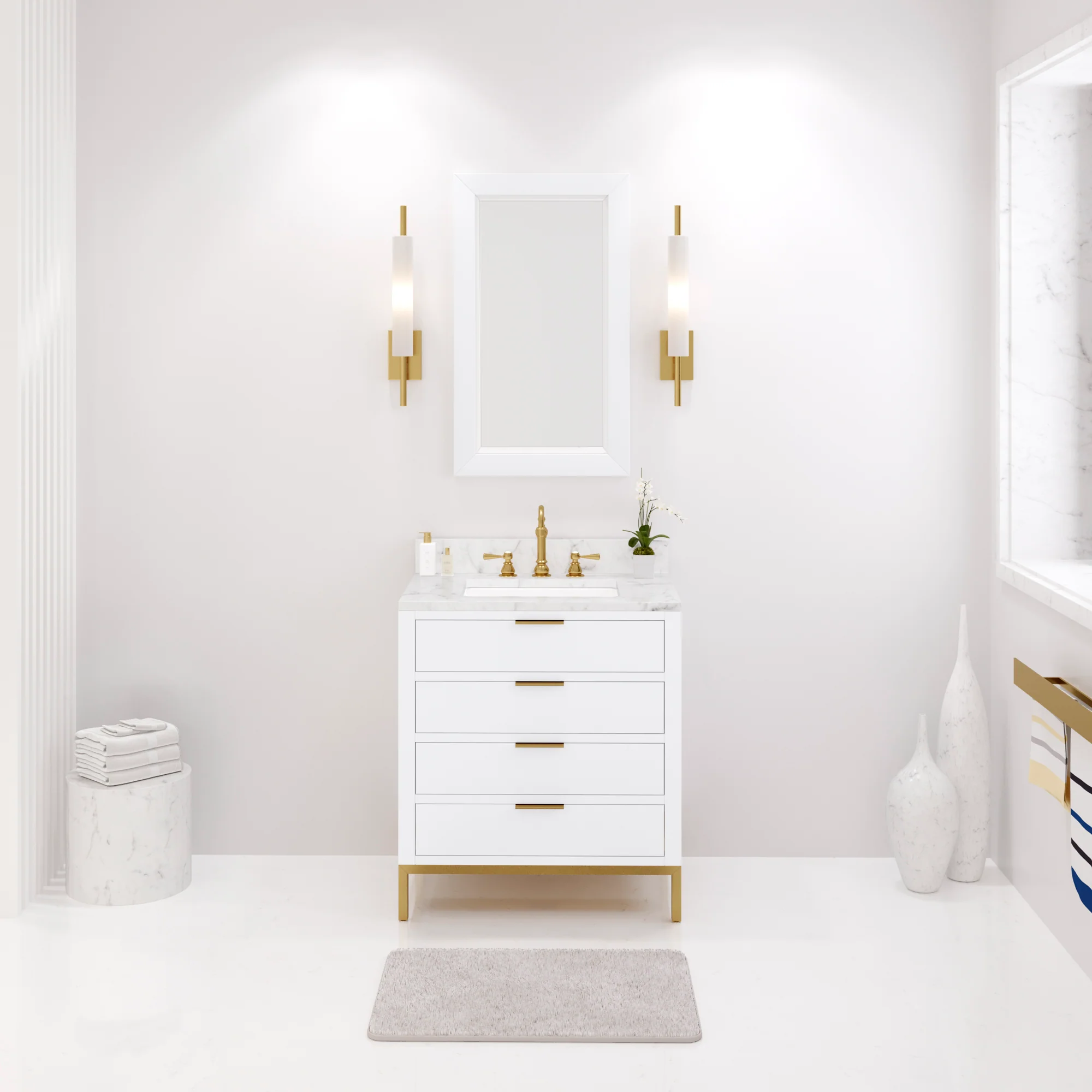 Water Creation Bristol 30" Single Sink Carrara White Marble Countertop Bath Vanity in Pure White with Rectangular Mirror(S)