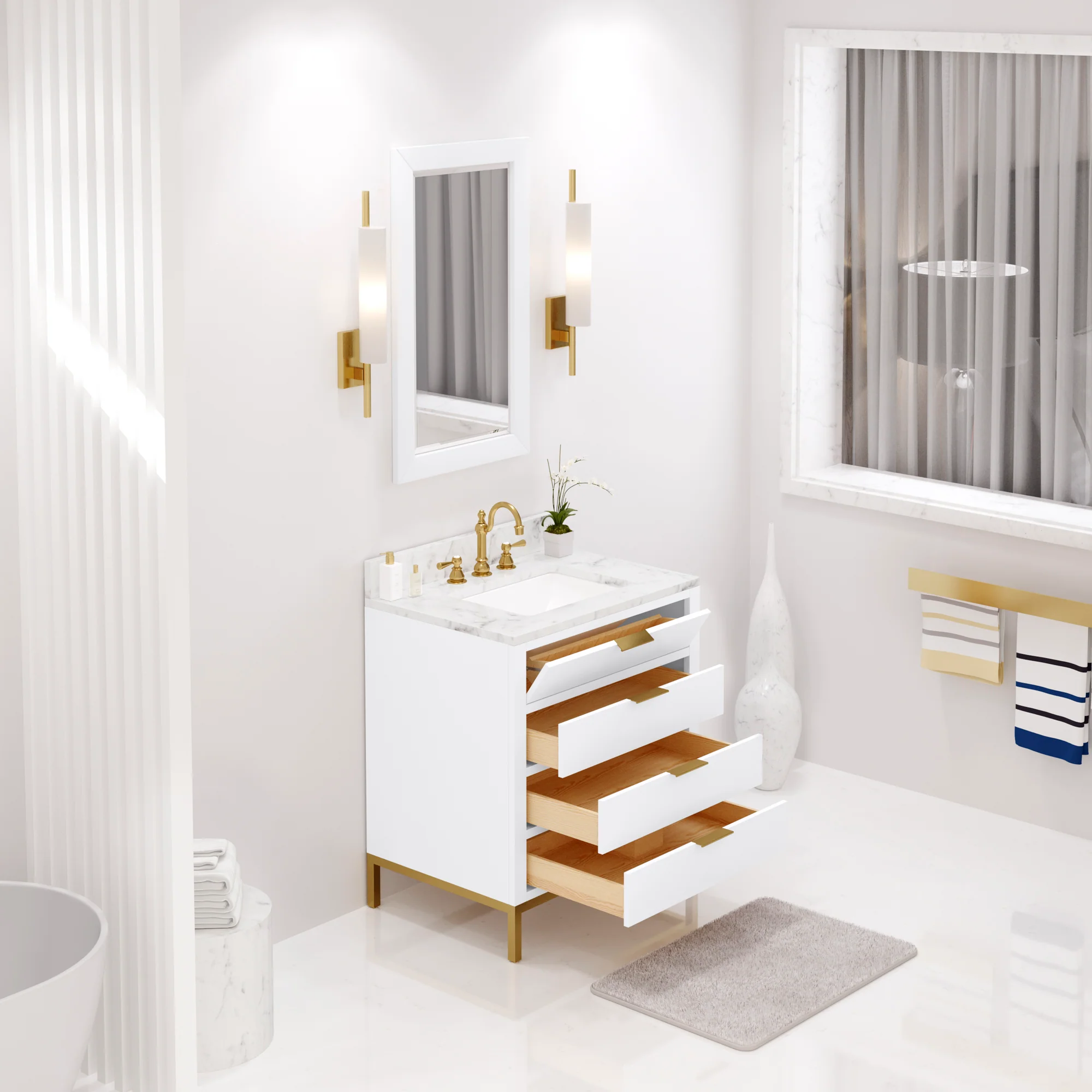 Water Creation Bristol 30" Single Sink Carrara White Marble Countertop Bath Vanity in Pure White with Satin Gold Hook Faucet - Image 3