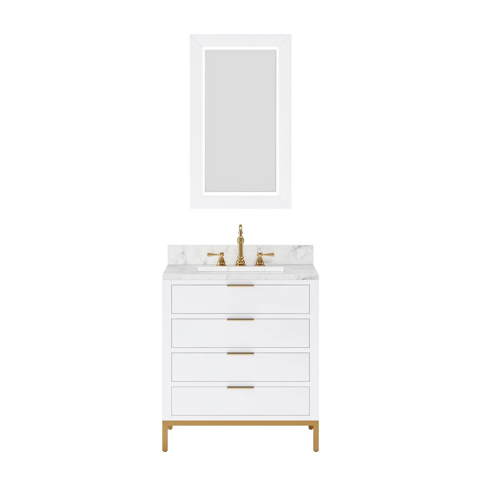Water Creation Bristol 30" Single Sink Carrara White Marble Countertop Bath Vanity in Pure White with Satin Gold Hook Faucet - Image 4