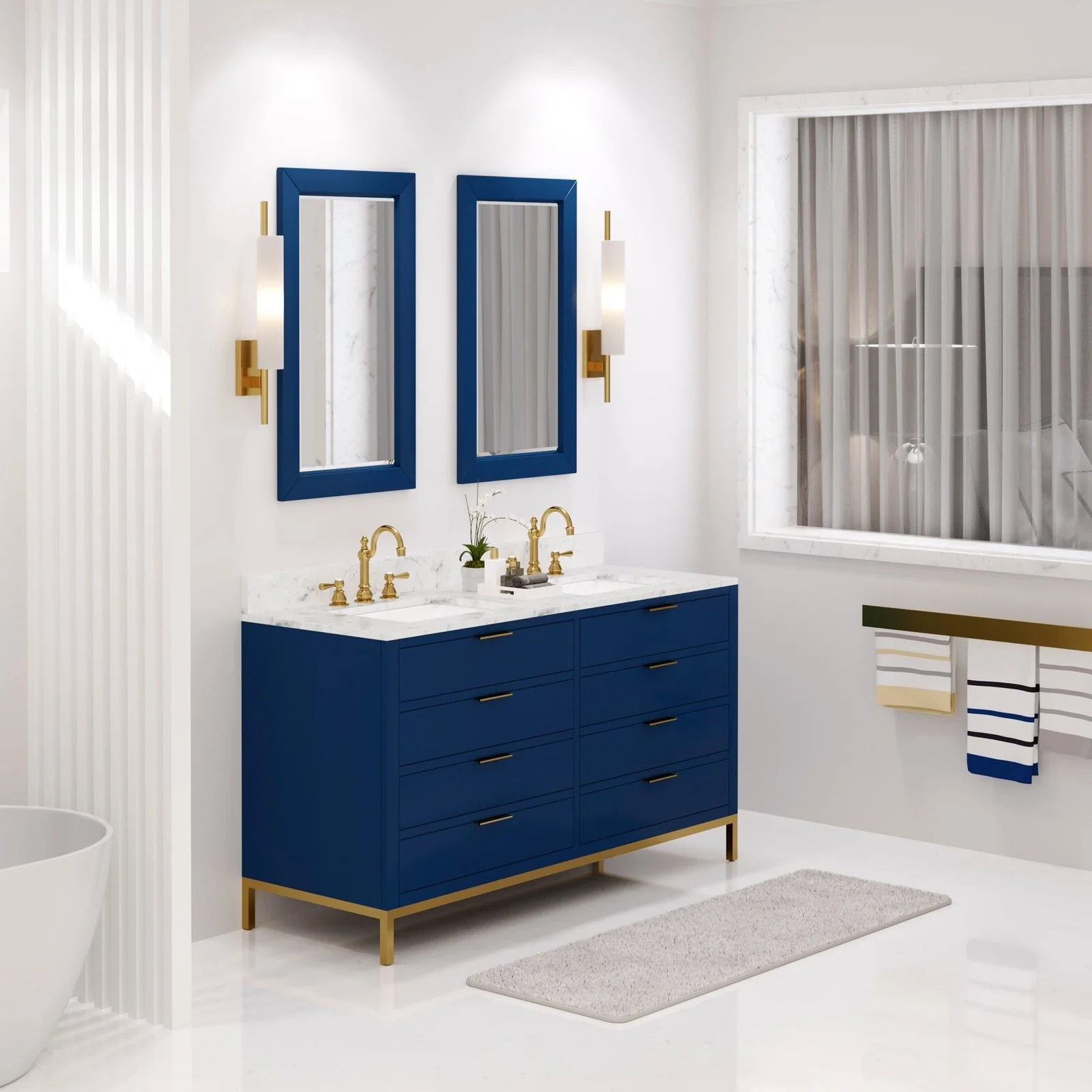 Water Creation Bristol 60" Double Sink Carrara White Marble Countertop Bath Vanity in Monarch Blue - Image 2