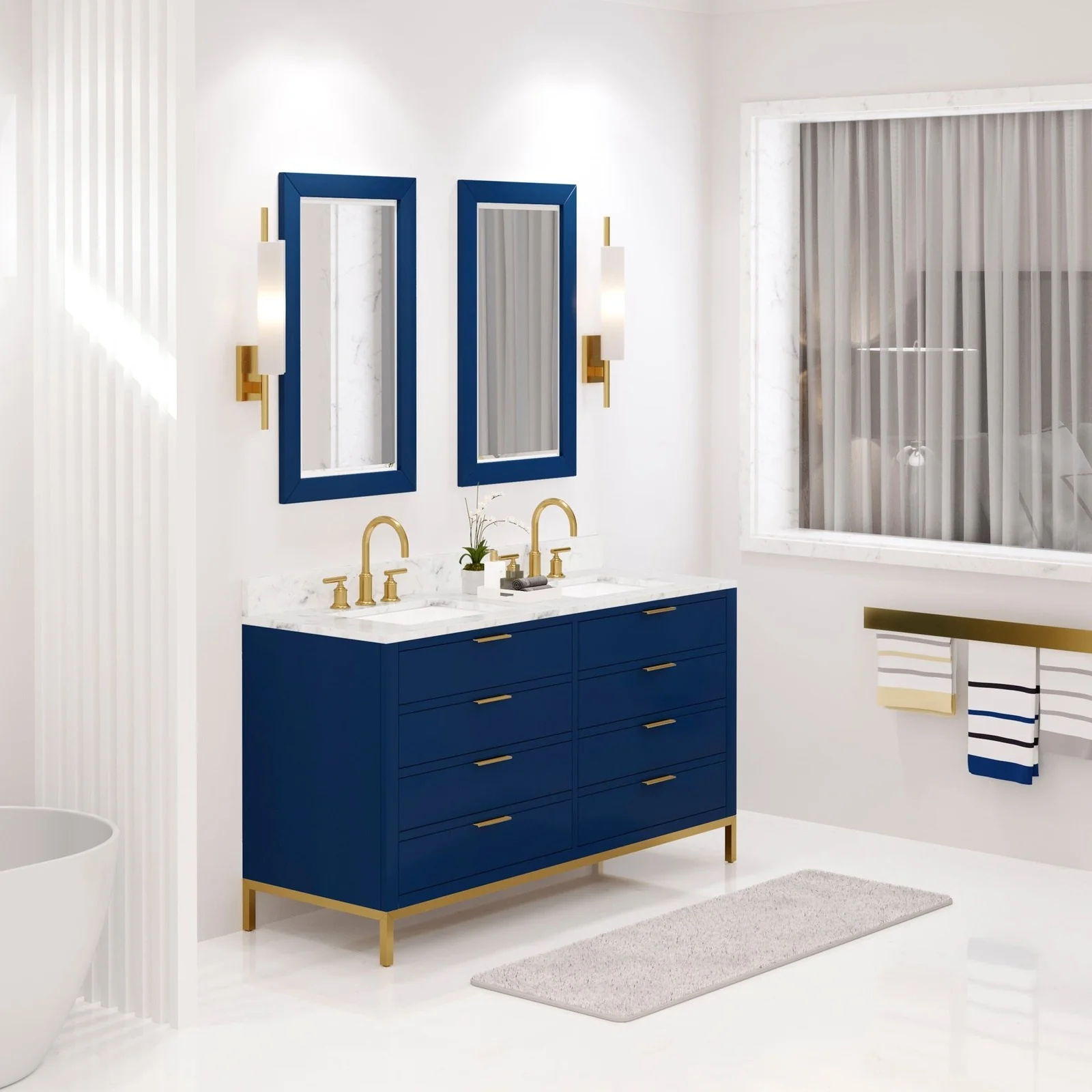 Water Creation Bristol 60" Double Sink Carrara White Marble Countertop Bath Vanity in Monarch Blue with Satin Gold Gooseneck Faucets - Image 2
