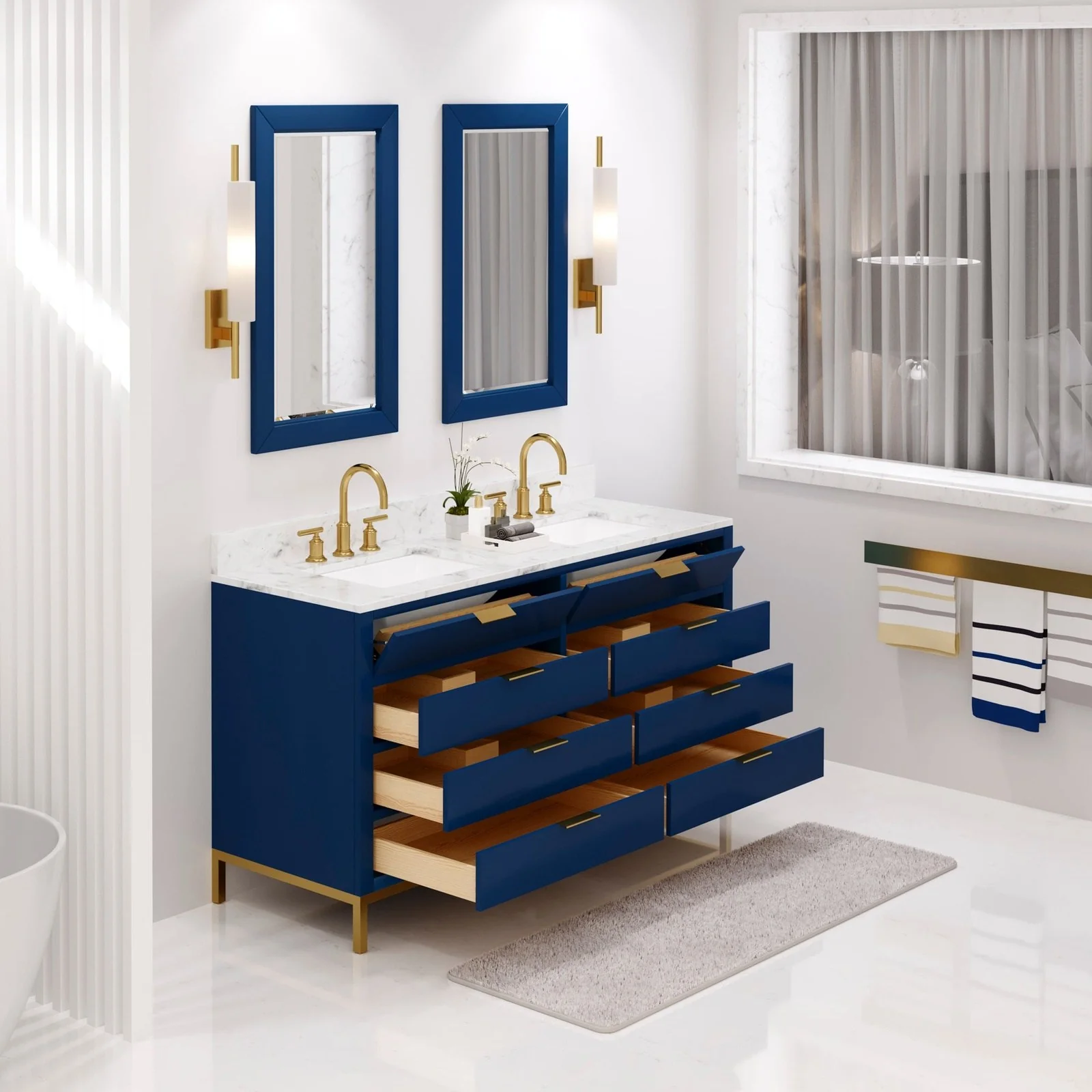 Water Creation Bristol 60" Double Sink Carrara White Marble Countertop Bath Vanity in Monarch Blue with Satin Gold Gooseneck Faucets - Image 3