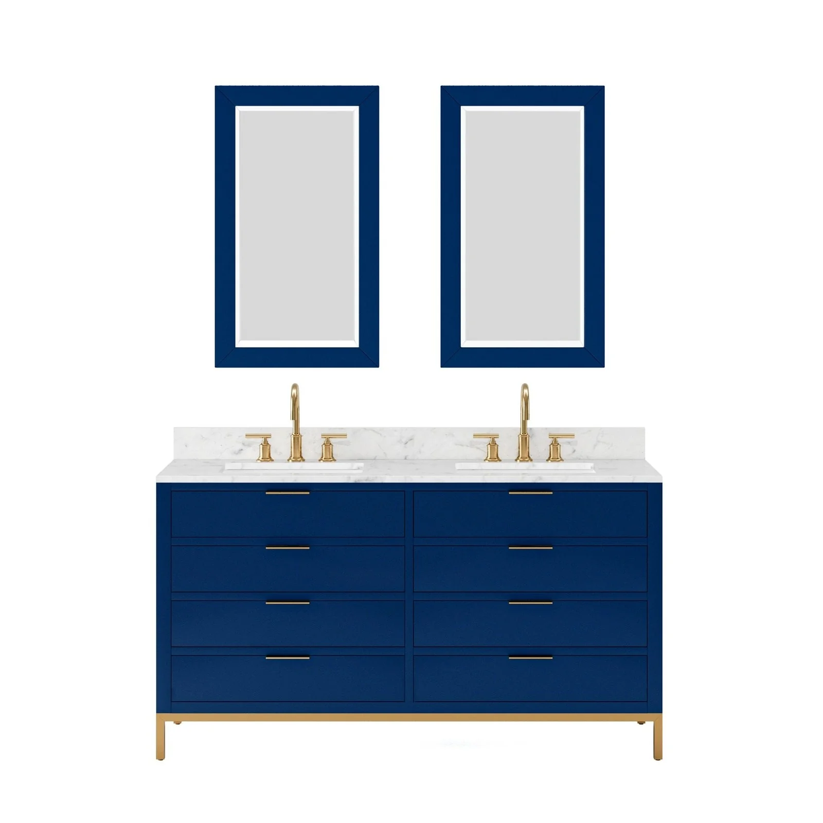 Water Creation Bristol 60" Double Sink Carrara White Marble Countertop Bath Vanity in Monarch Blue with Satin Gold Gooseneck Faucets - Image 4