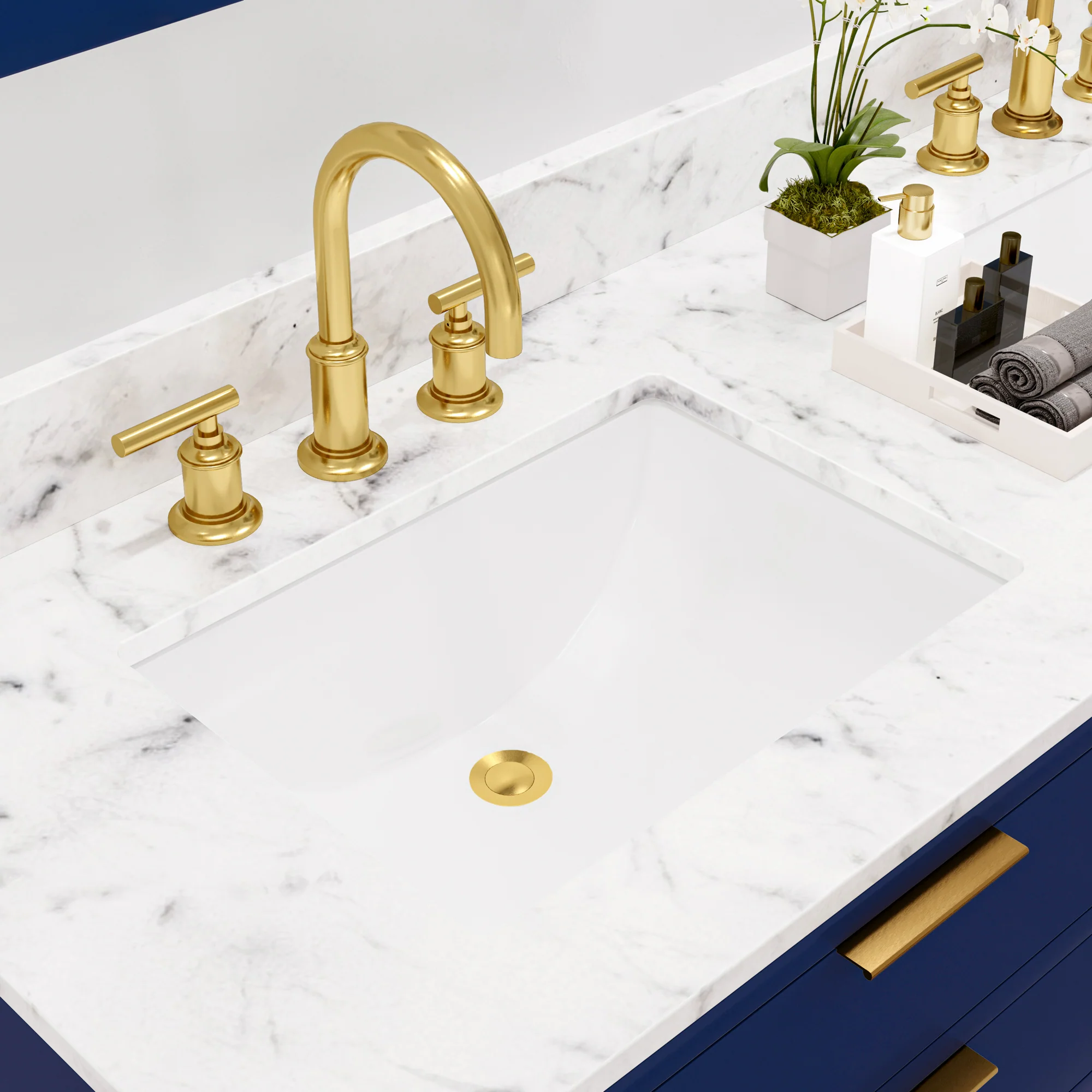 Water Creation Bristol 60" Double Sink Carrara White Marble Countertop Bath Vanity in Monarch Blue with Satin Gold Gooseneck Faucets - Image 5