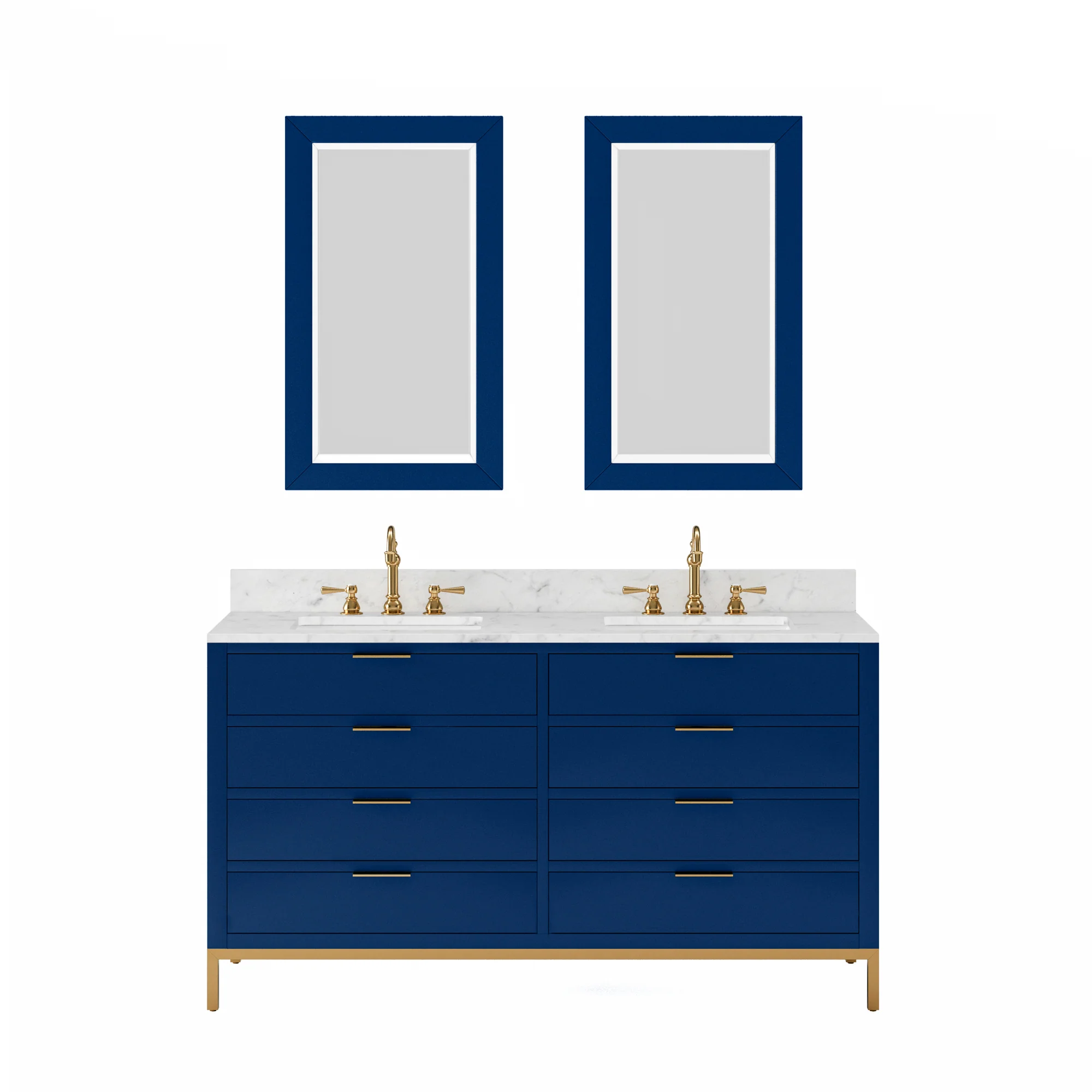 Water Creation Bristol 60" Double Sink Carrara White Marble Countertop Bath Vanity in Monarch Blue with Satin Gold Hook Faucets - Image 4