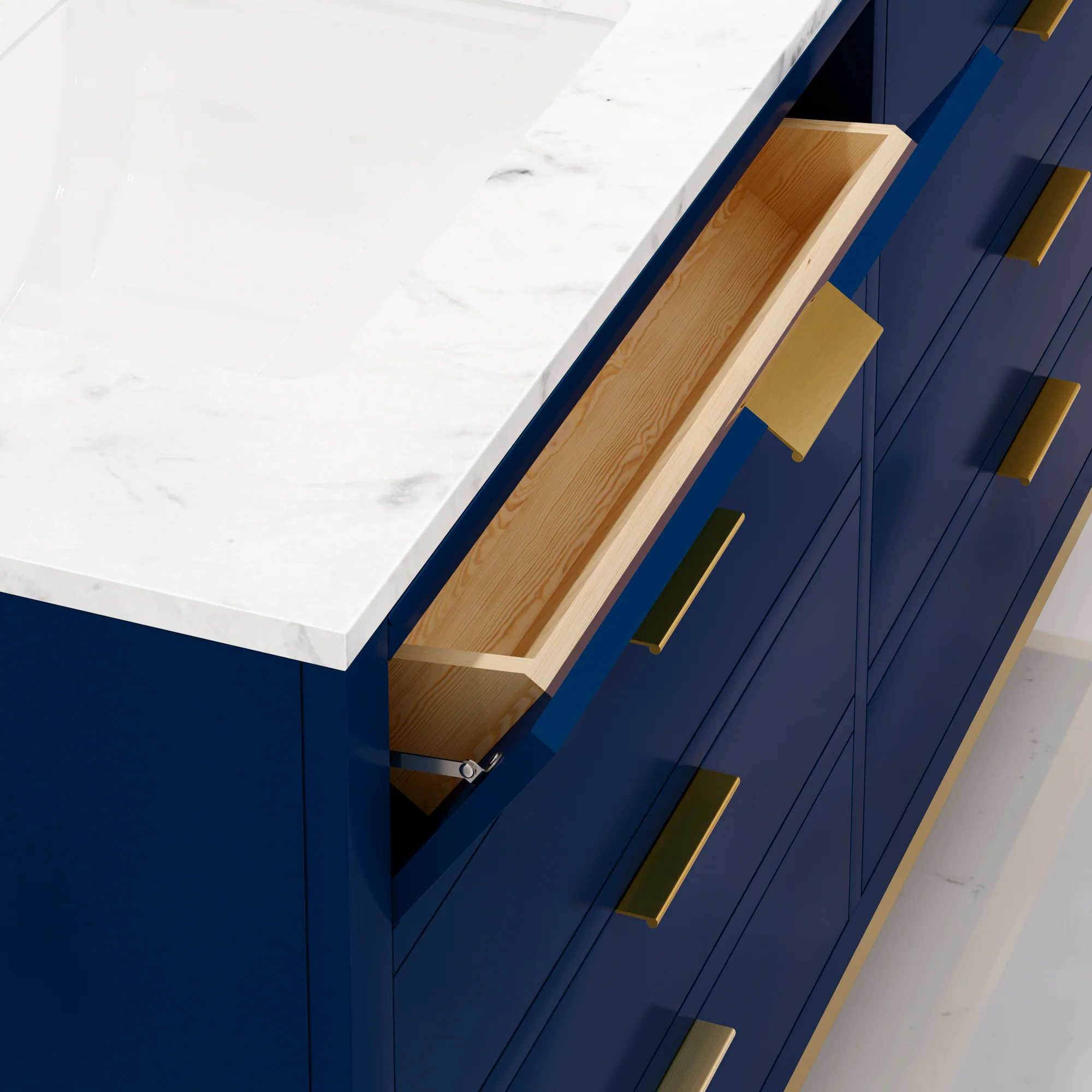 Water Creation Bristol 60" Double Sink Carrara White Marble Countertop Bath Vanity in Monarch Blue with Satin Gold Hook Faucets - Image 6