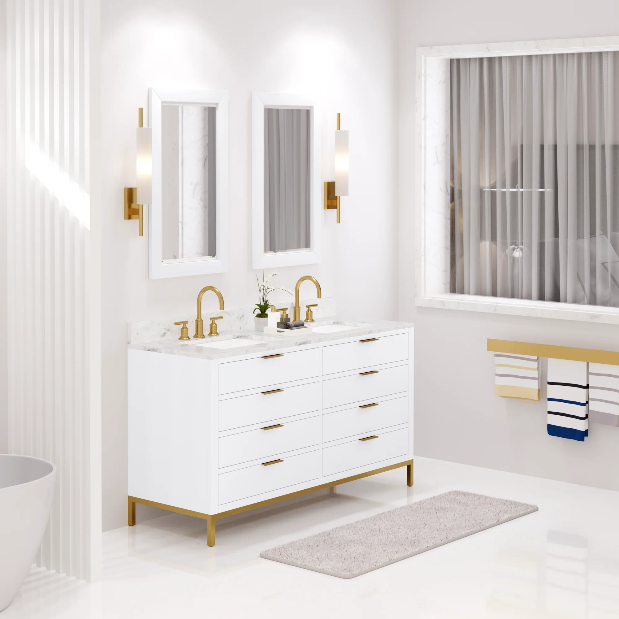 Water Creation Bristol 60" Double Sink Carrara White Marble Countertop Bath Vanity in Pure White with Satin Gold Gooseneck Faucets - Image 2