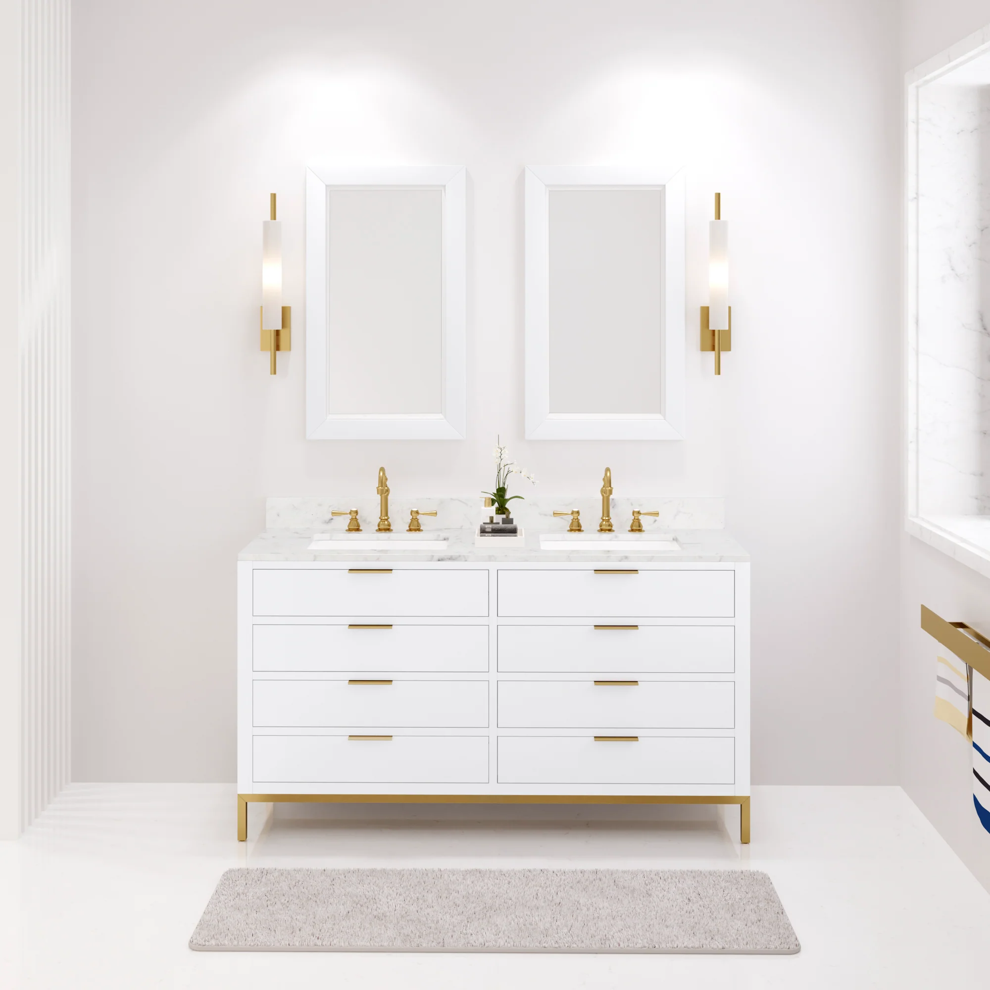 Water Creation Bristol 60" Double Sink Carrara White Marble Countertop Bath Vanity in Pure White with Satin Gold Hook Faucets
