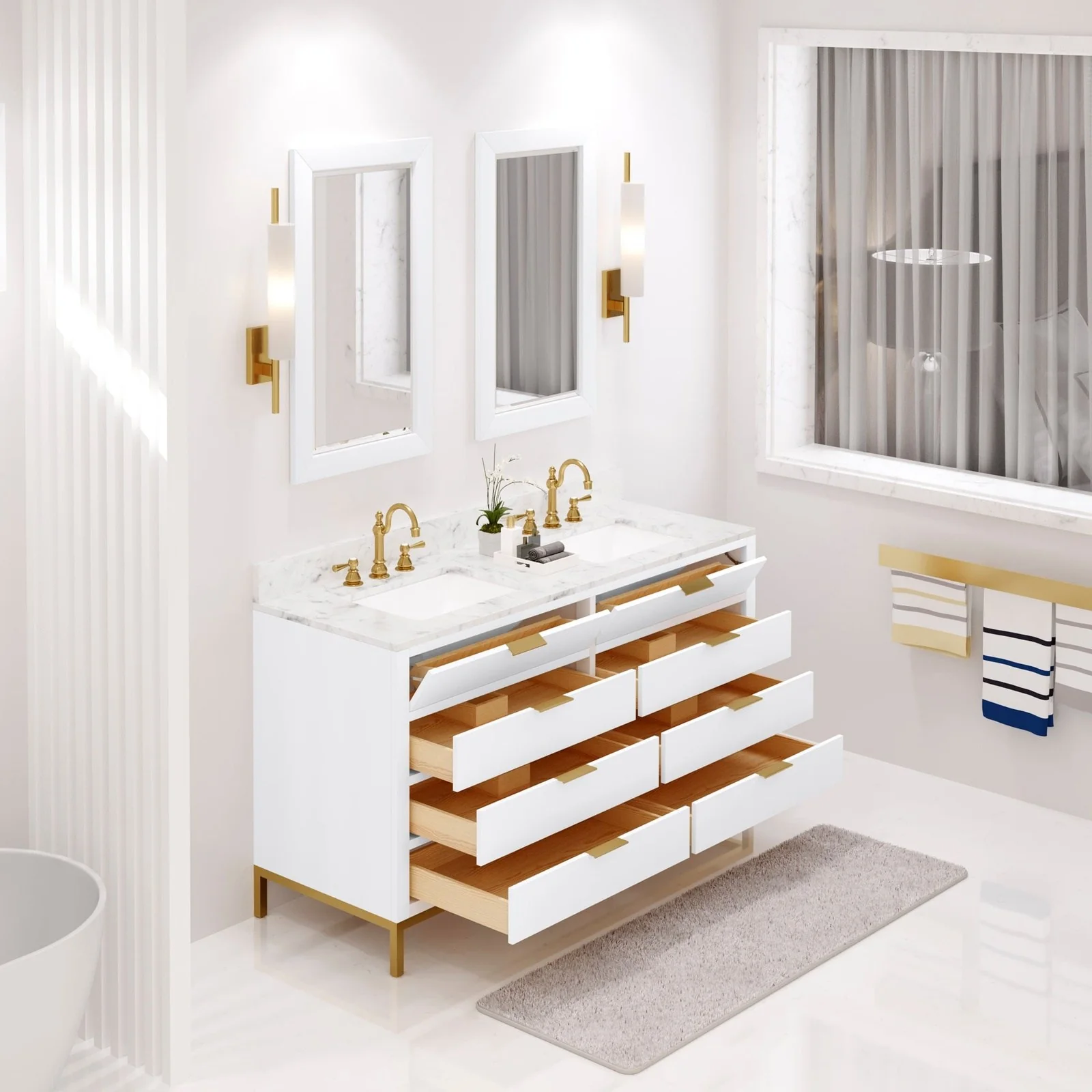Water Creation Bristol 60" Double Sink Carrara White Marble Countertop Bath Vanity in Pure White with Satin Gold Hook Faucets - Image 3