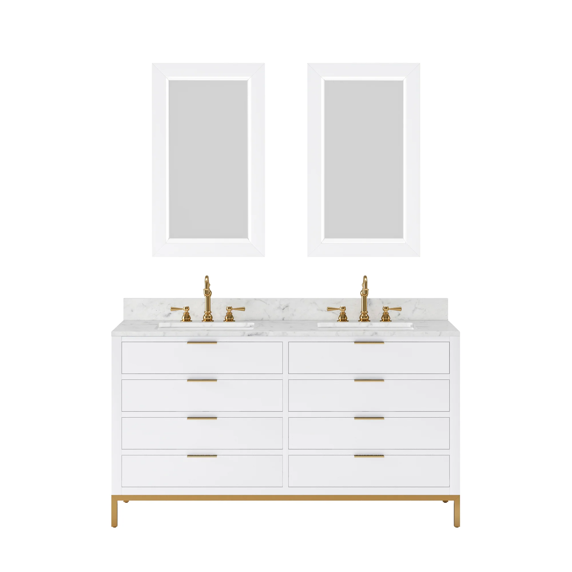 Water Creation Bristol 60" Double Sink Carrara White Marble Countertop Bath Vanity in Pure White with Satin Gold Hook Faucets - Image 4