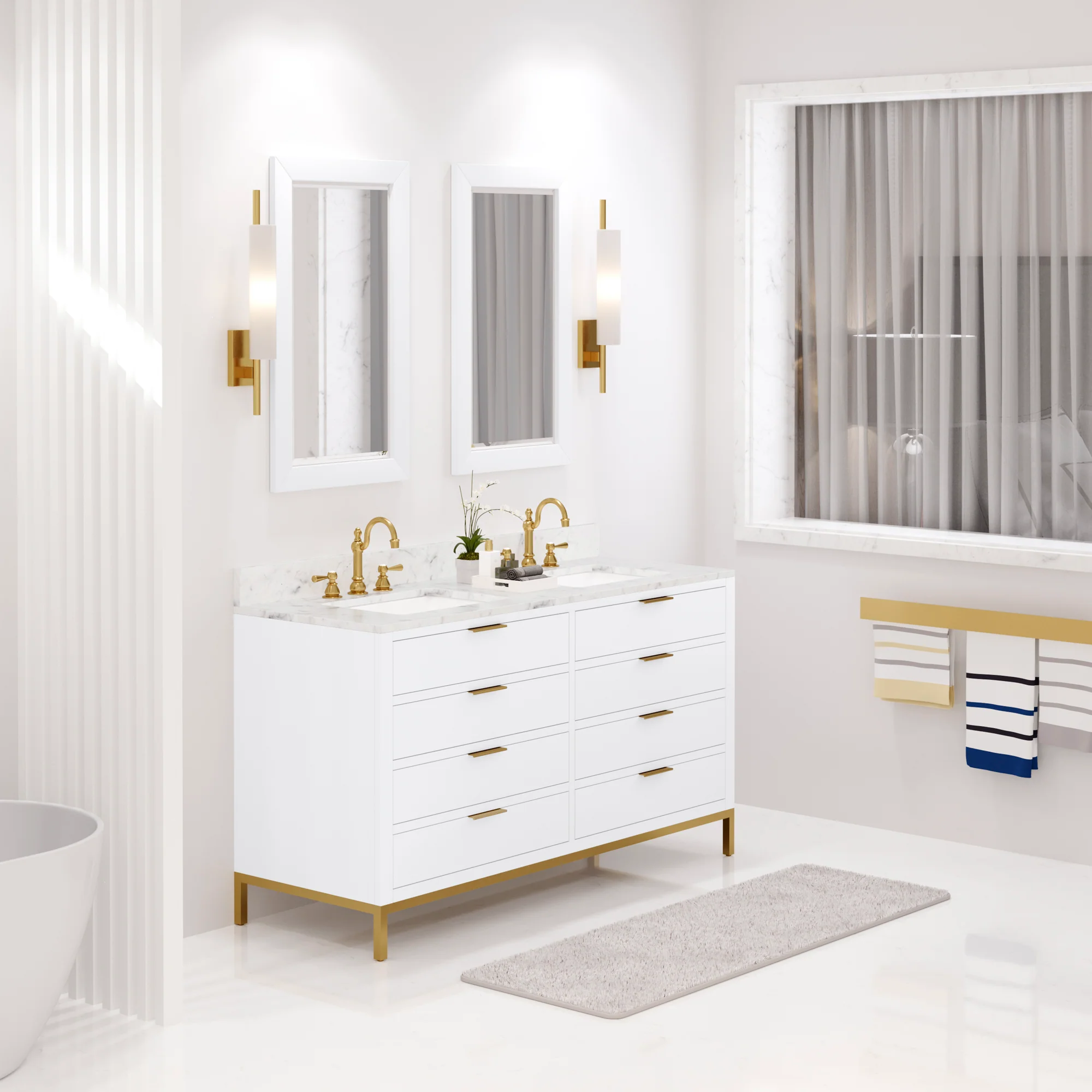 Water Creation Bristol 60" Double Sink Carrara White Marble Countertop Bath Vanity in Pure White with Satin Gold Hook Faucets - Image 2