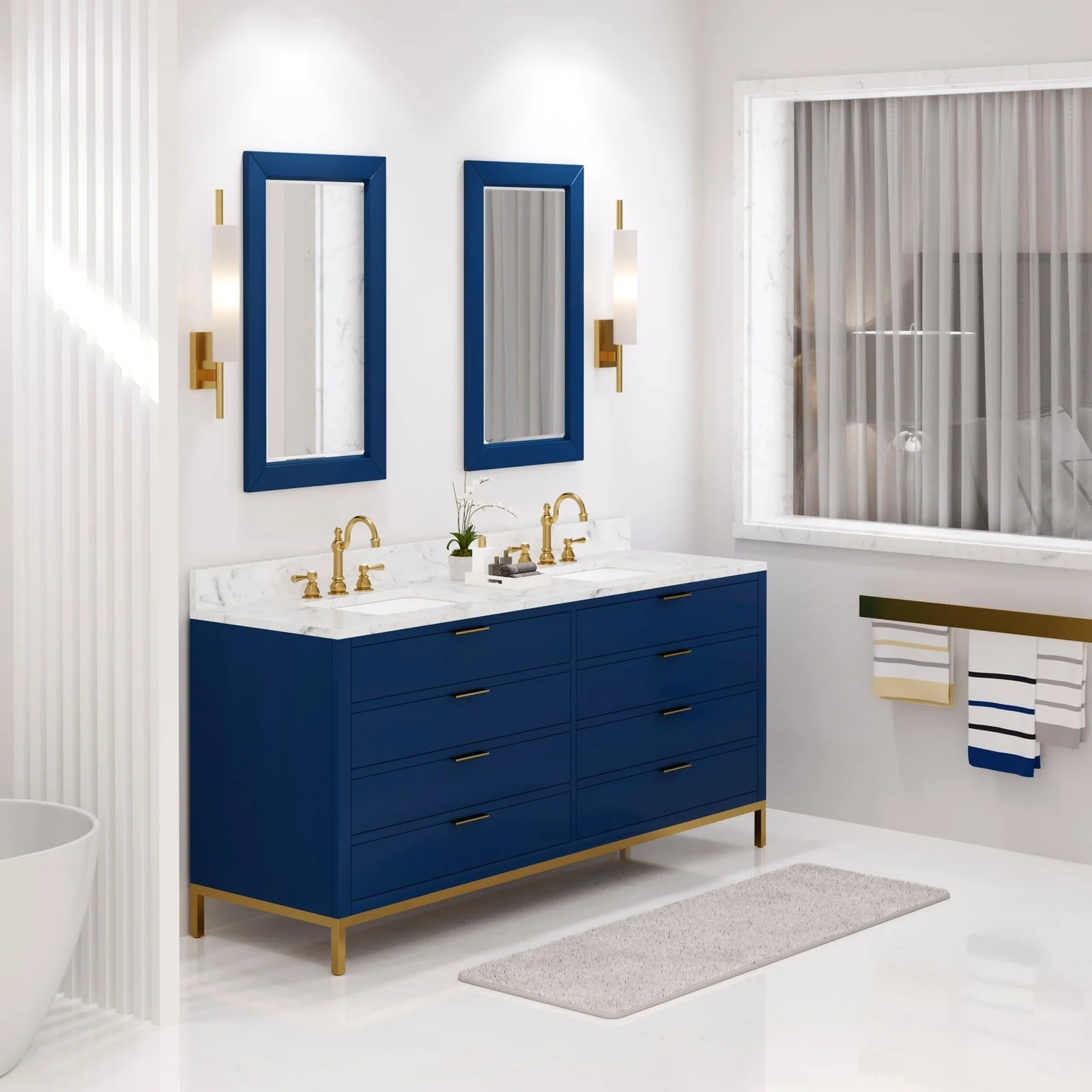 Water Creation Bristol 72" Double Sink Carrara White Marble Countertop Bath Vanity in Monarch Blue with Rectangular Mirrors (S) - Image 2
