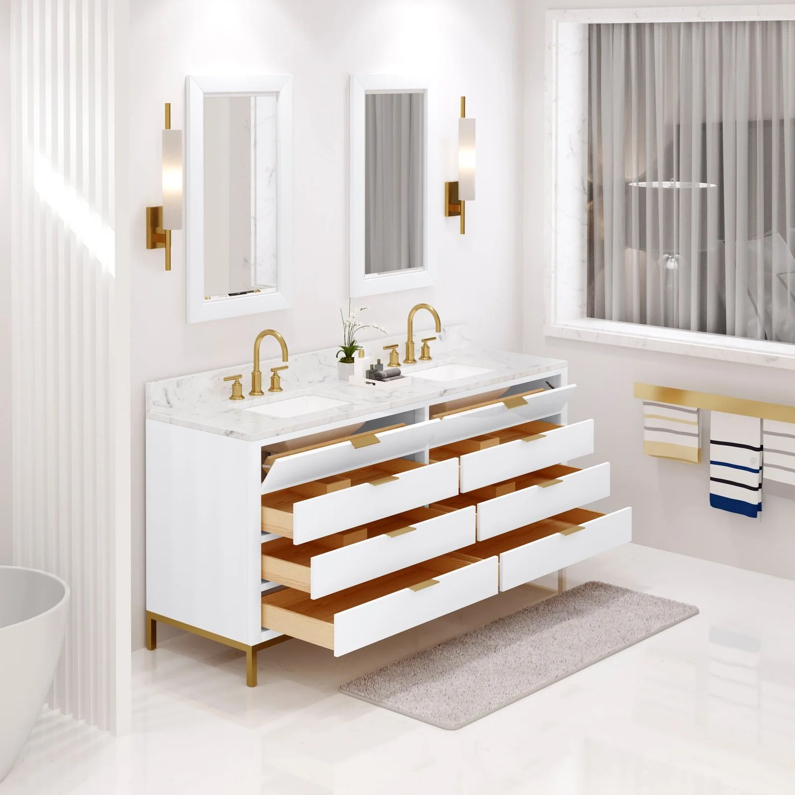 Water Creation Bristol 72" Double Sink Carrara White Marble Countertop Bath Vanity in Pure White - Image 3