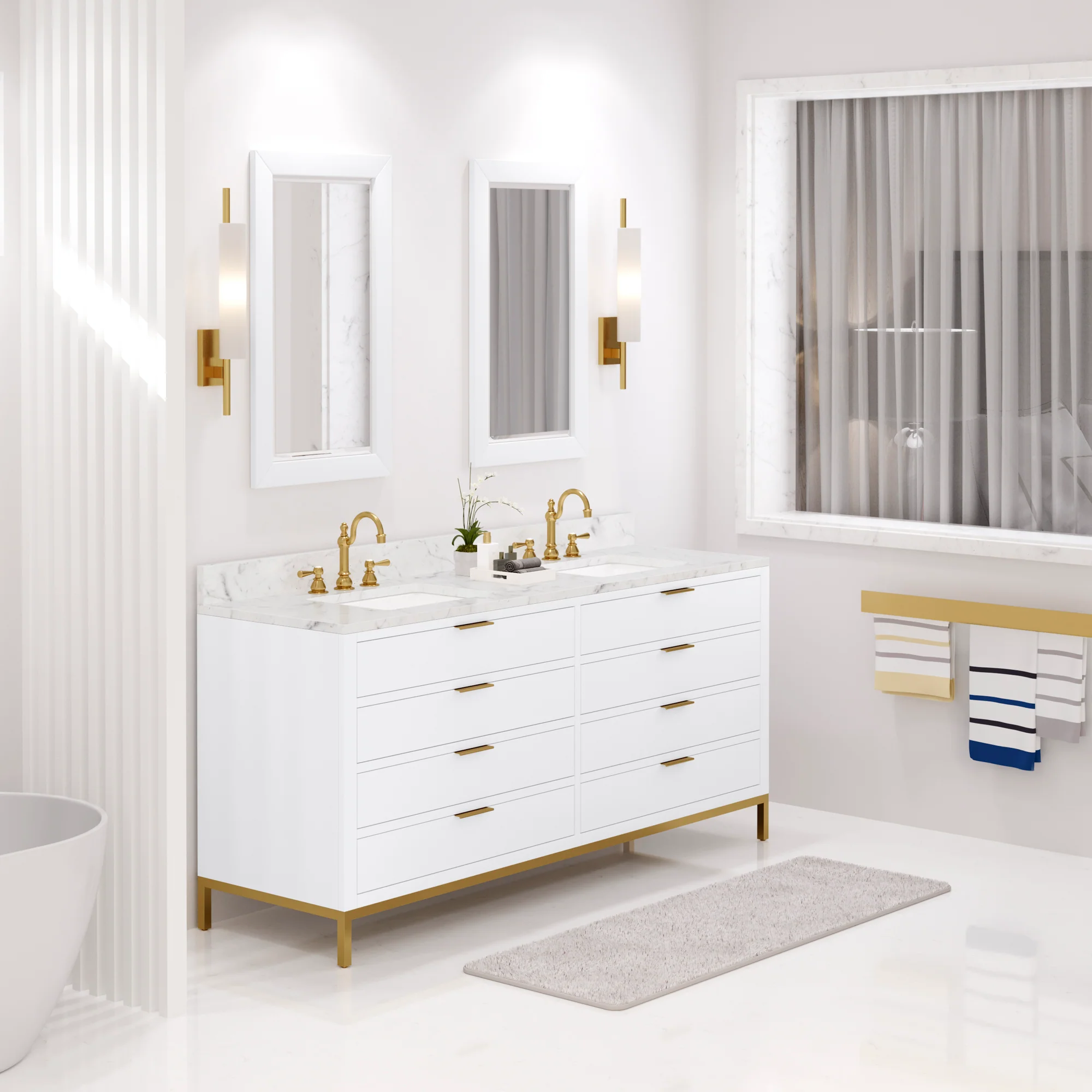 Water Creation Bristol 72" Double Sink Carrara White Marble Countertop Bath Vanity in Pure White with Mirrors(S) - Image 2