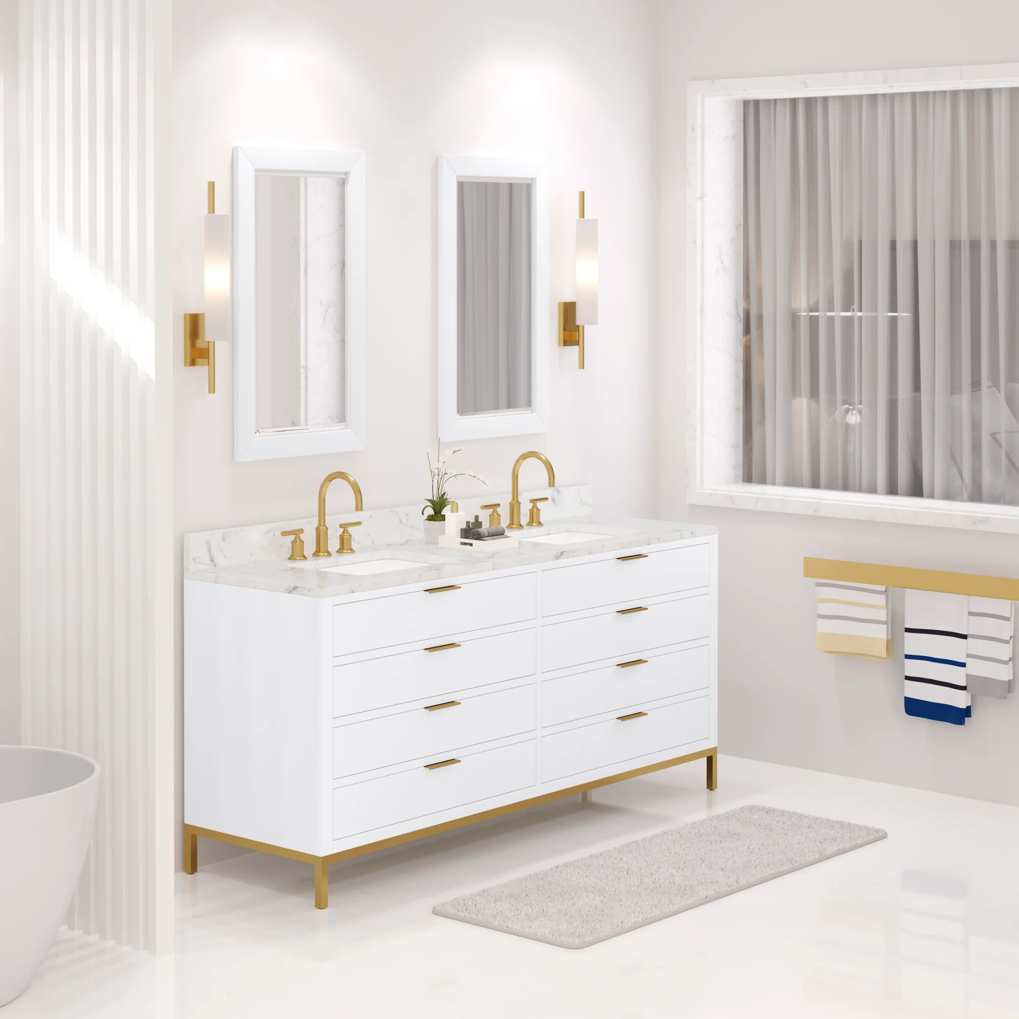 Water Creation Bristol 72" Double Sink Carrara White Marble Countertop Bath Vanity in Pure White - Image 2