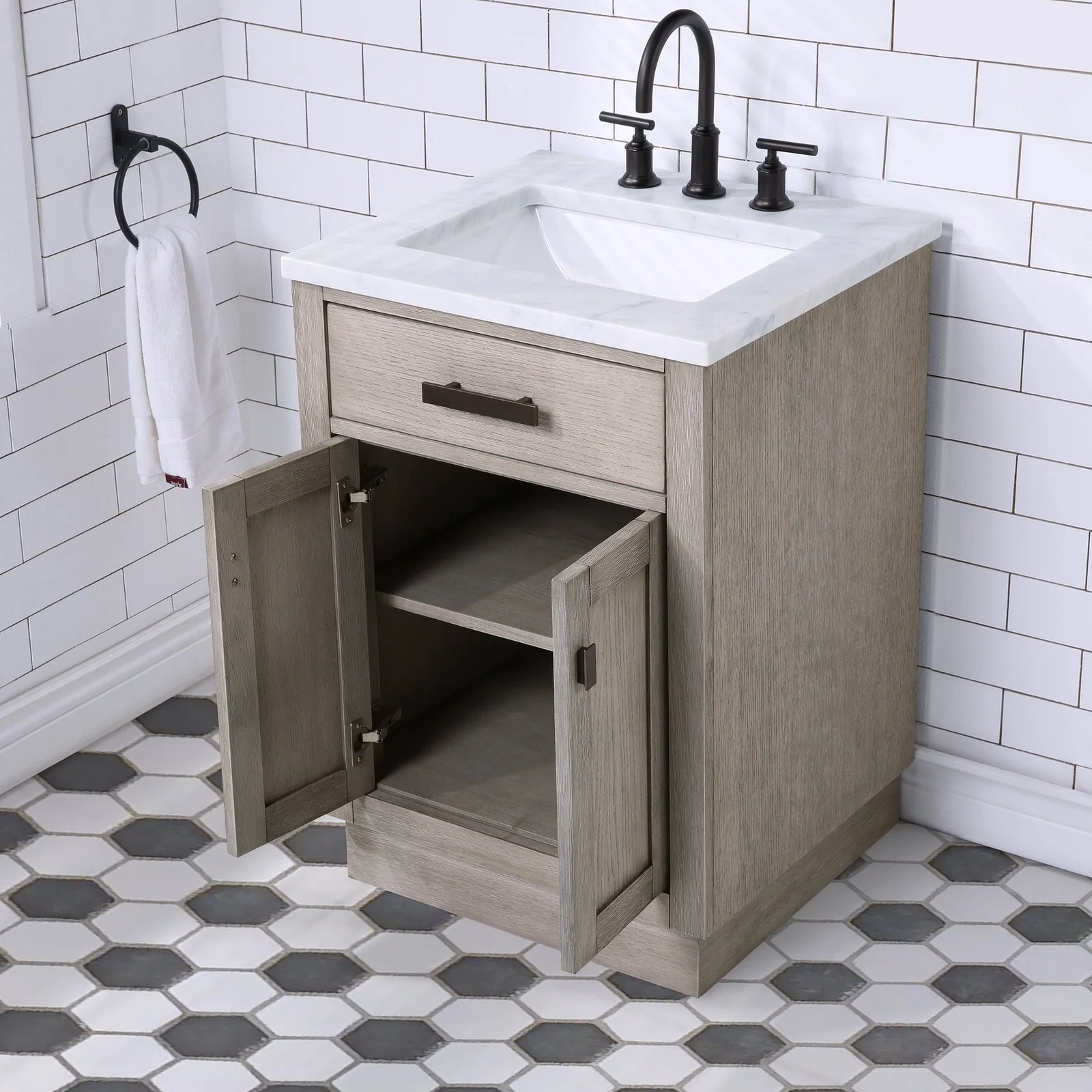 Water Creation Chestnut 24" Single Sink Carrara White Marble Countertop Vanity In Grey Oak with Mirror - Image 8