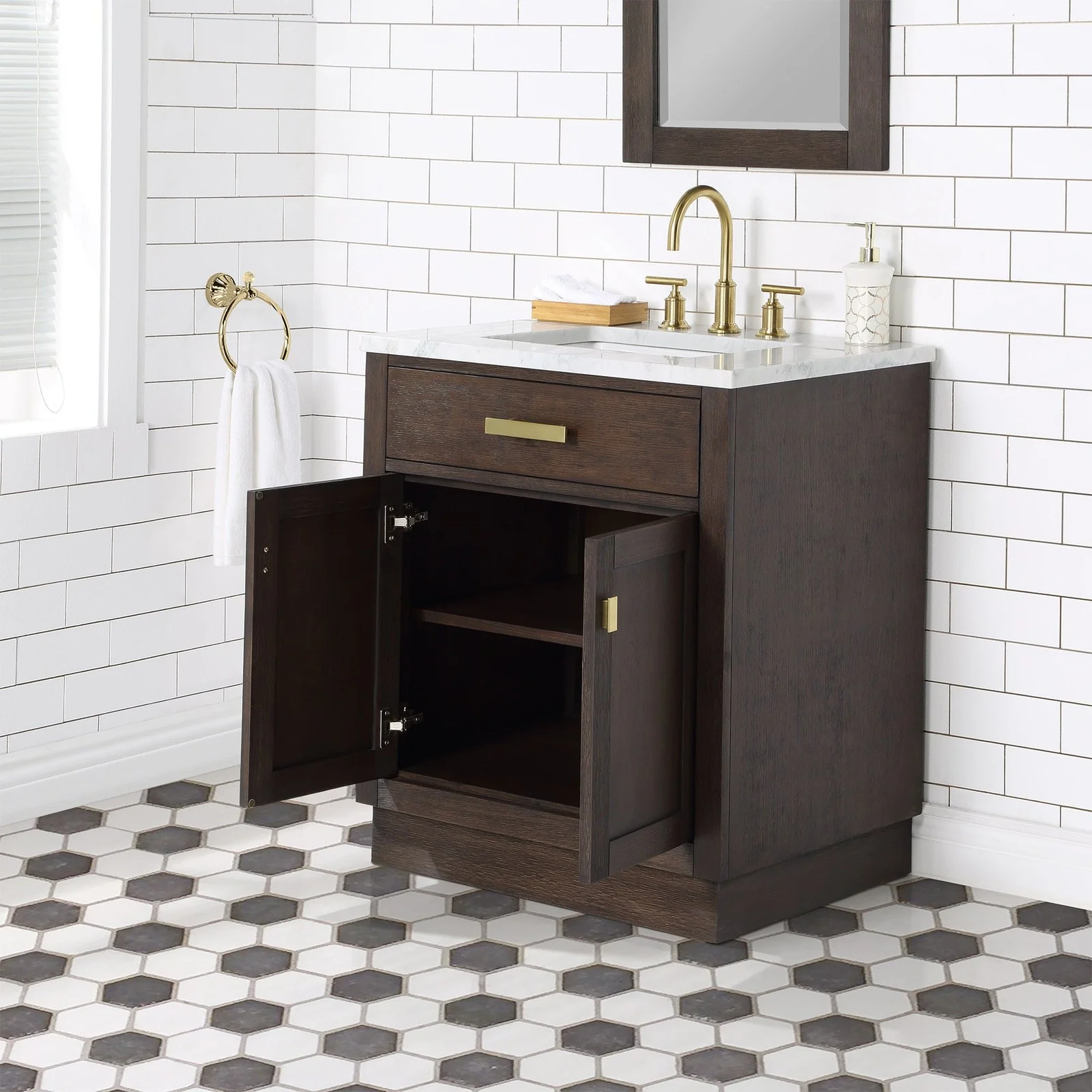 Water Creation Chestnut 30" Single Sink Carrara White Marble Countertop Vanity In Brown Oak - Image 9