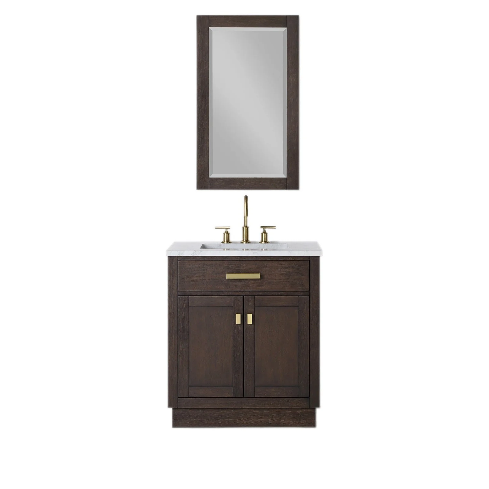 Water Creation Chestnut 30" Single Sink Carrara White Marble Countertop Vanity In Brown Oak with Mirror - Image 3