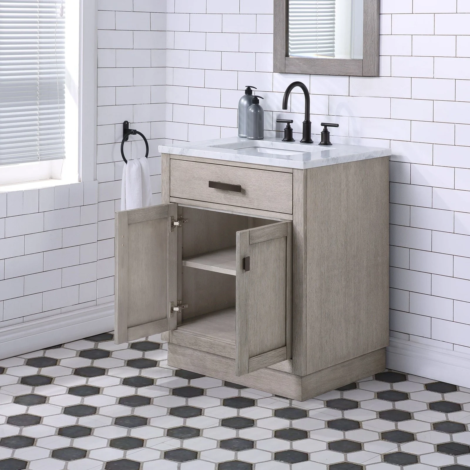 Water Creation Chestnut 30" Single Sink Carrara White Marble Countertop Vanity In Grey Oak - Image 9