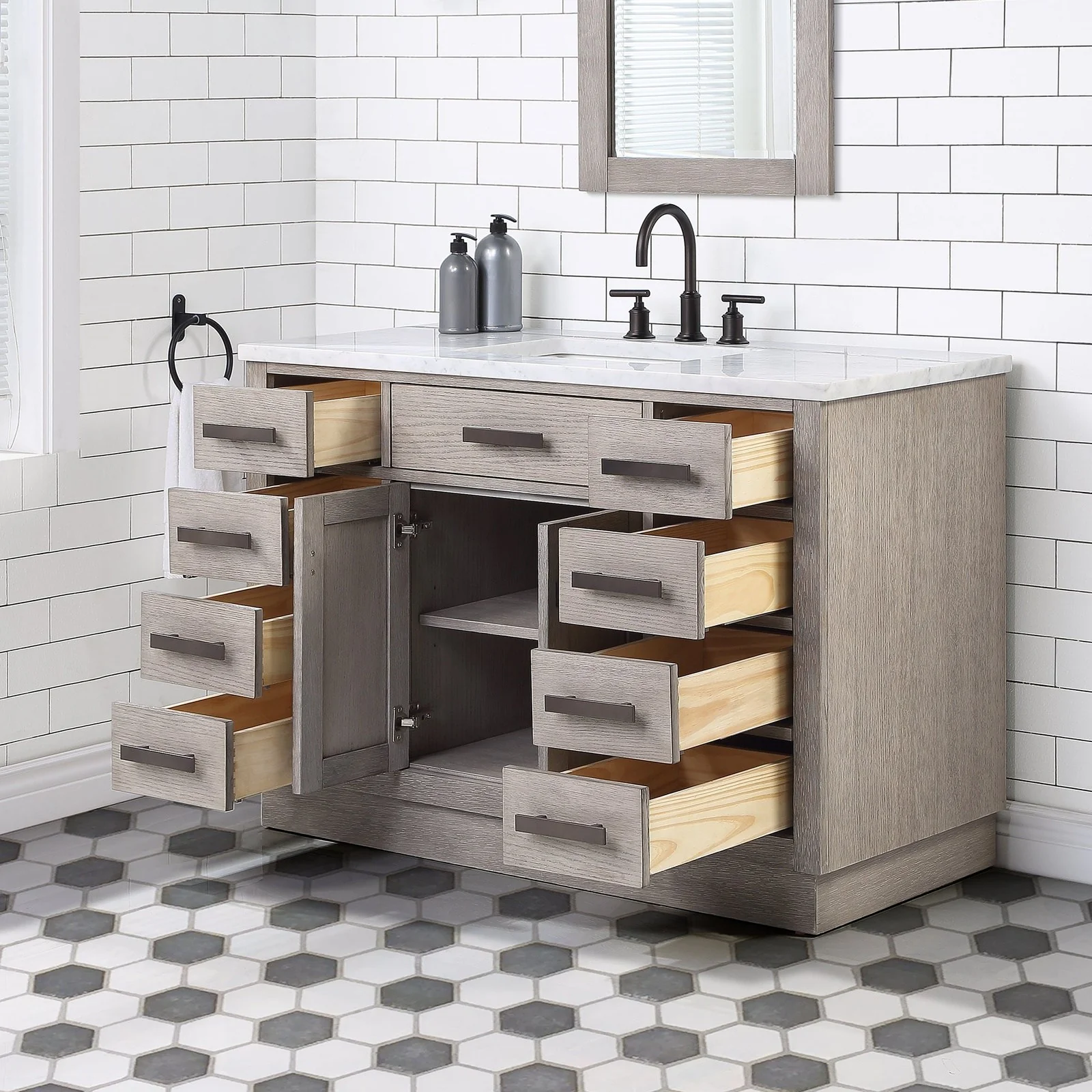 Water Creation Chestnut 48" Single Sink Carrara White Marble Countertop Vanity In Grey Oak with Mirror - Image 5