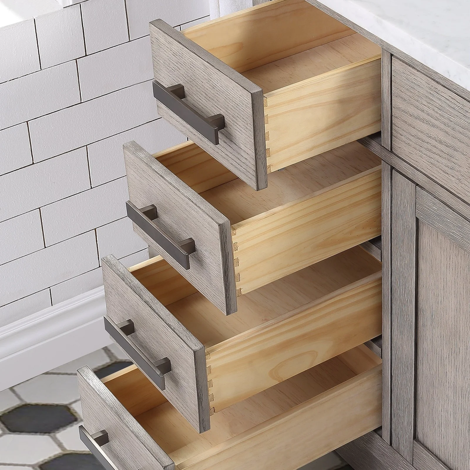 Water Creation Chestnut 48" Single Sink Carrara White Marble Countertop Vanity In Grey Oak with Mirror - Image 9