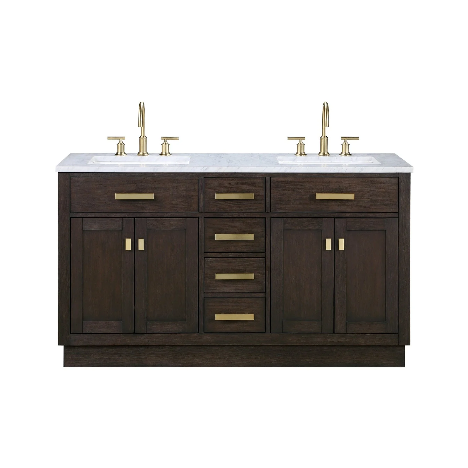 Water Creation Chestnut 60" Double Sink Carrara White Marble Countertop Vanity In Brown Oak with Gooseneck Faucets - Image 4