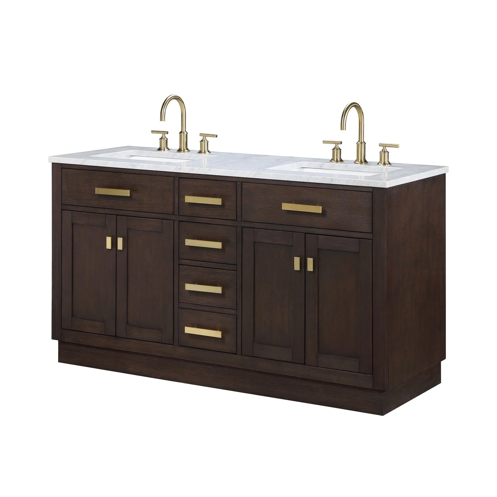 Water Creation Chestnut 60" Double Sink Carrara White Marble Countertop Vanity In Brown Oak with Gooseneck Faucets - Image 5