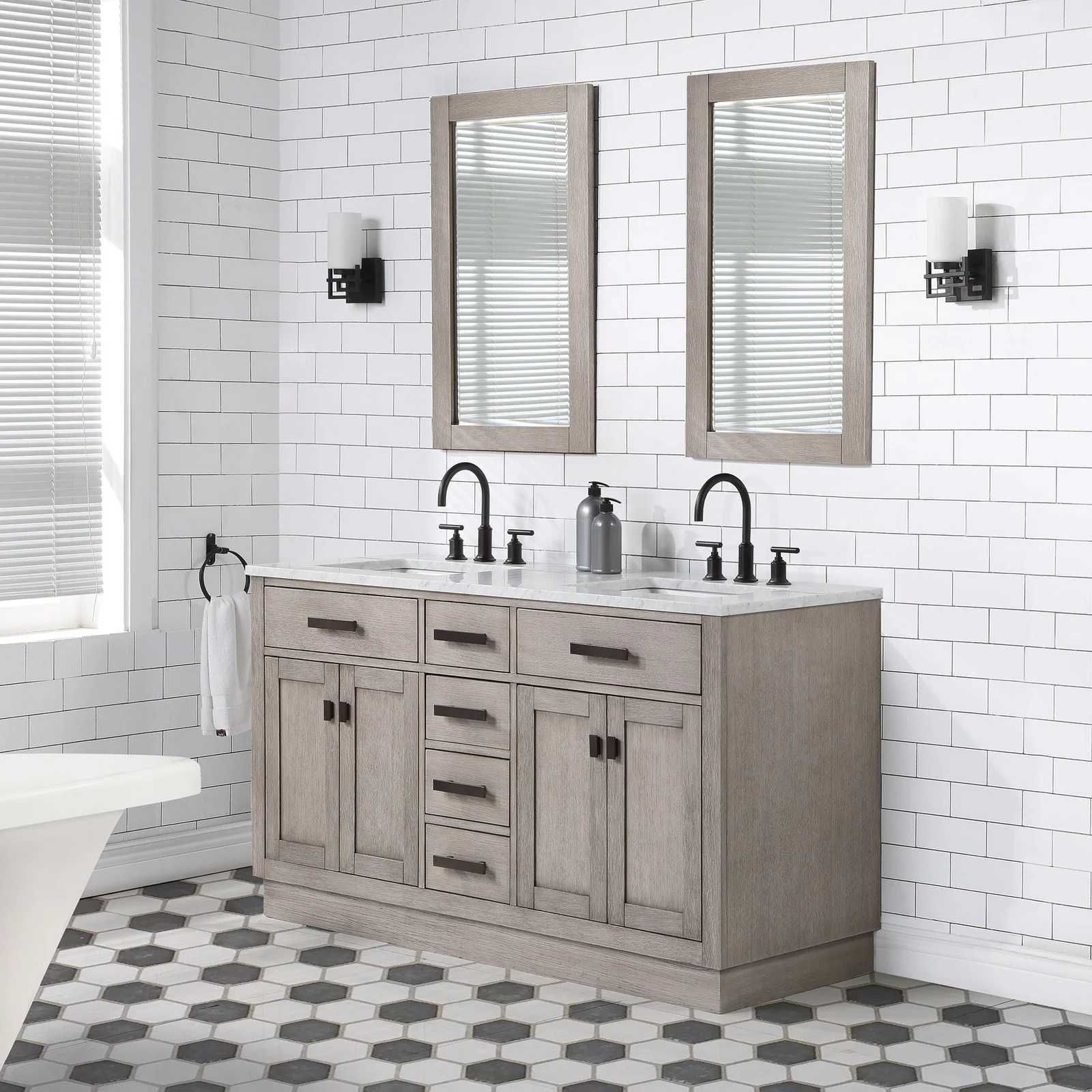 Water Creation Chestnut 60" Double Sink Carrara White Marble Countertop Vanity In Grey Oak - Image 2