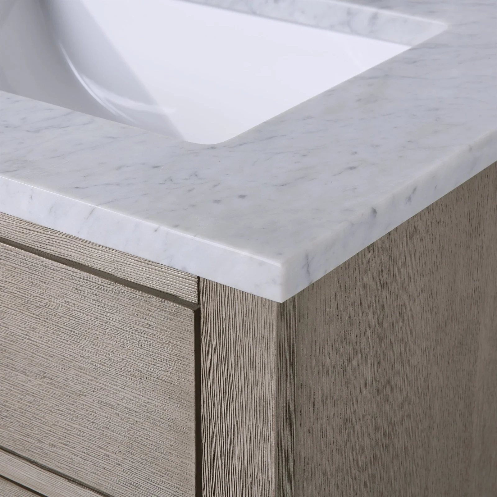 Water Creation Chestnut 60" Double Sink Carrara White Marble Countertop Vanity In Grey Oak with Gooseneck Faucets - Image 6