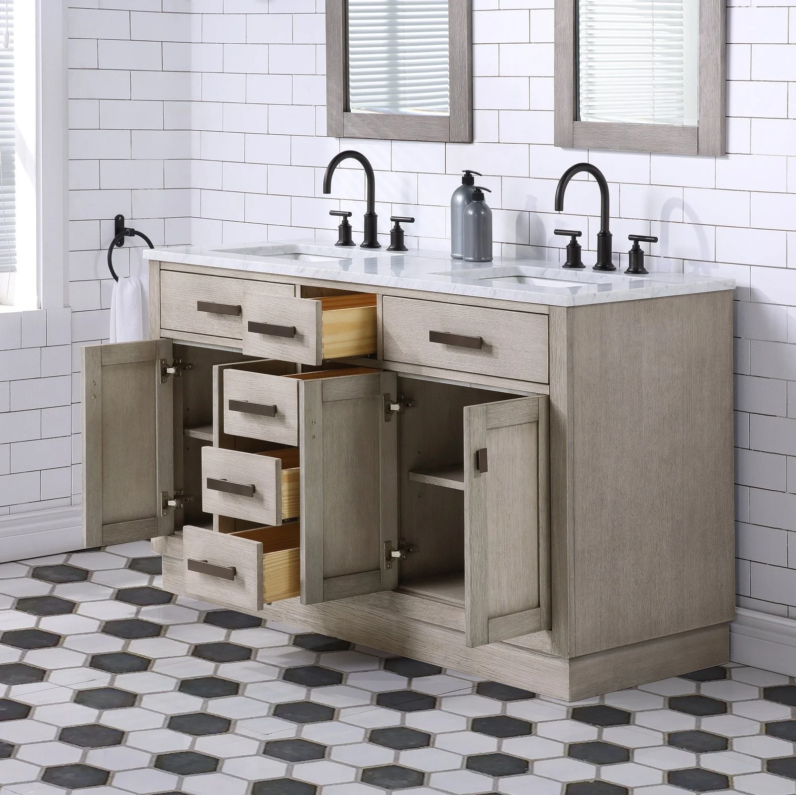 Water Creation Chestnut 60" Double Sink Carrara White Marble Countertop Vanity In Grey Oak with Mirrors - Image 8