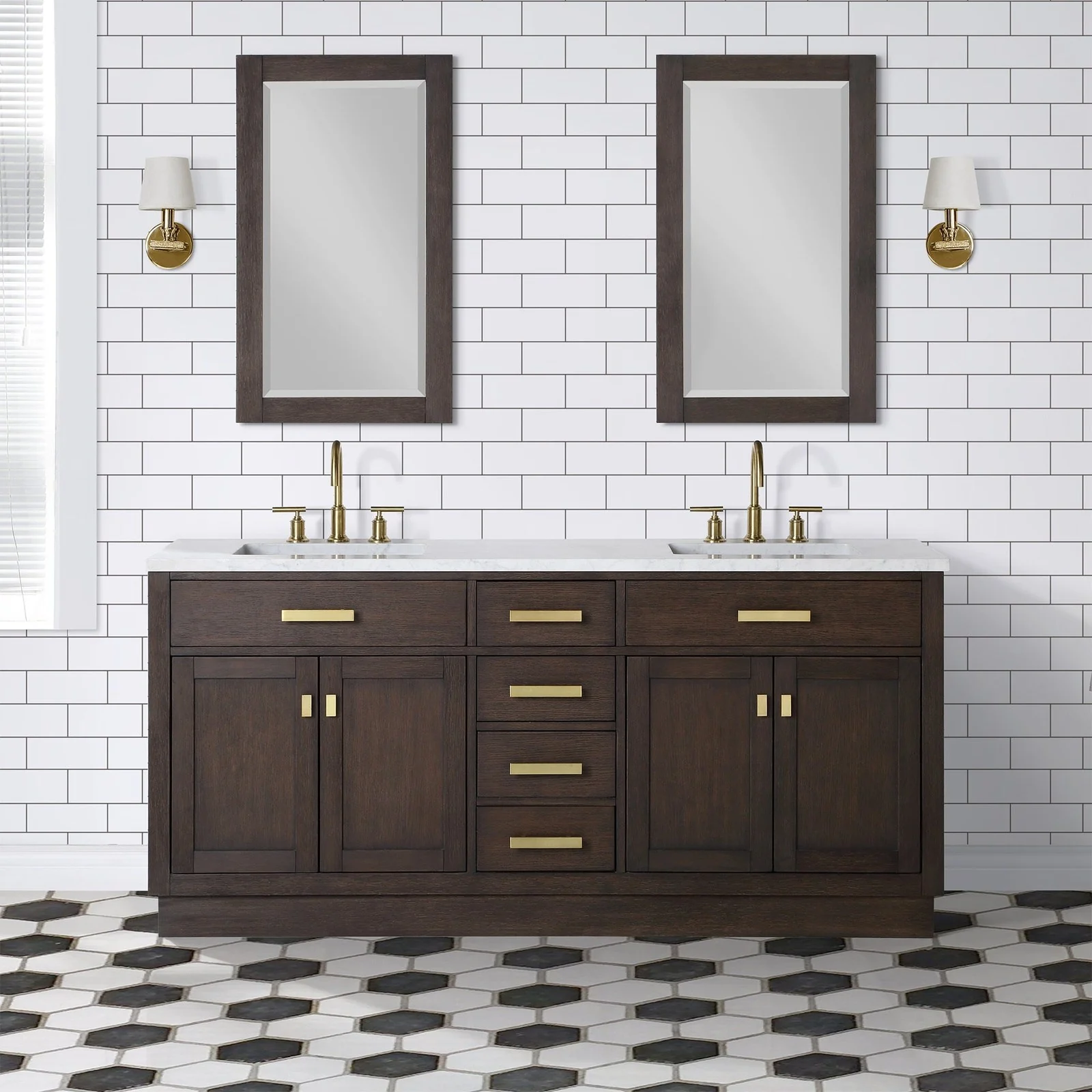 Water Creation Chestnut 72" Double Sink Carrara White Marble Countertop Vanity In Brown Oak with Gooseneck Faucets and Mirrors