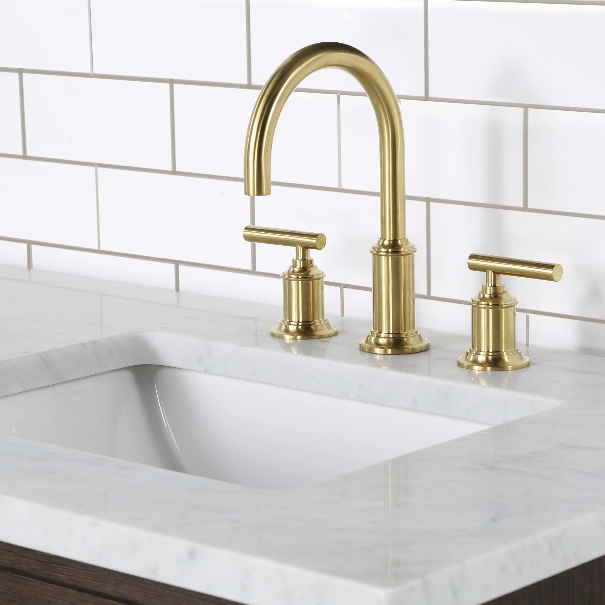 Water Creation Chestnut 72" Double Sink Carrara White Marble Countertop Vanity In Brown Oak with Gooseneck Faucets and Mirrors - Image 5