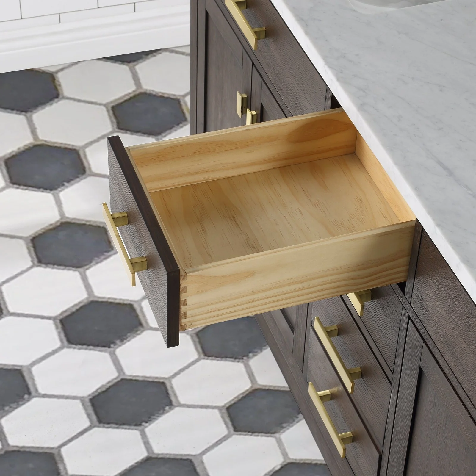 Water Creation Chestnut 72" Double Sink Carrara White Marble Countertop Vanity In Brown Oak with Mirrors - Image 10