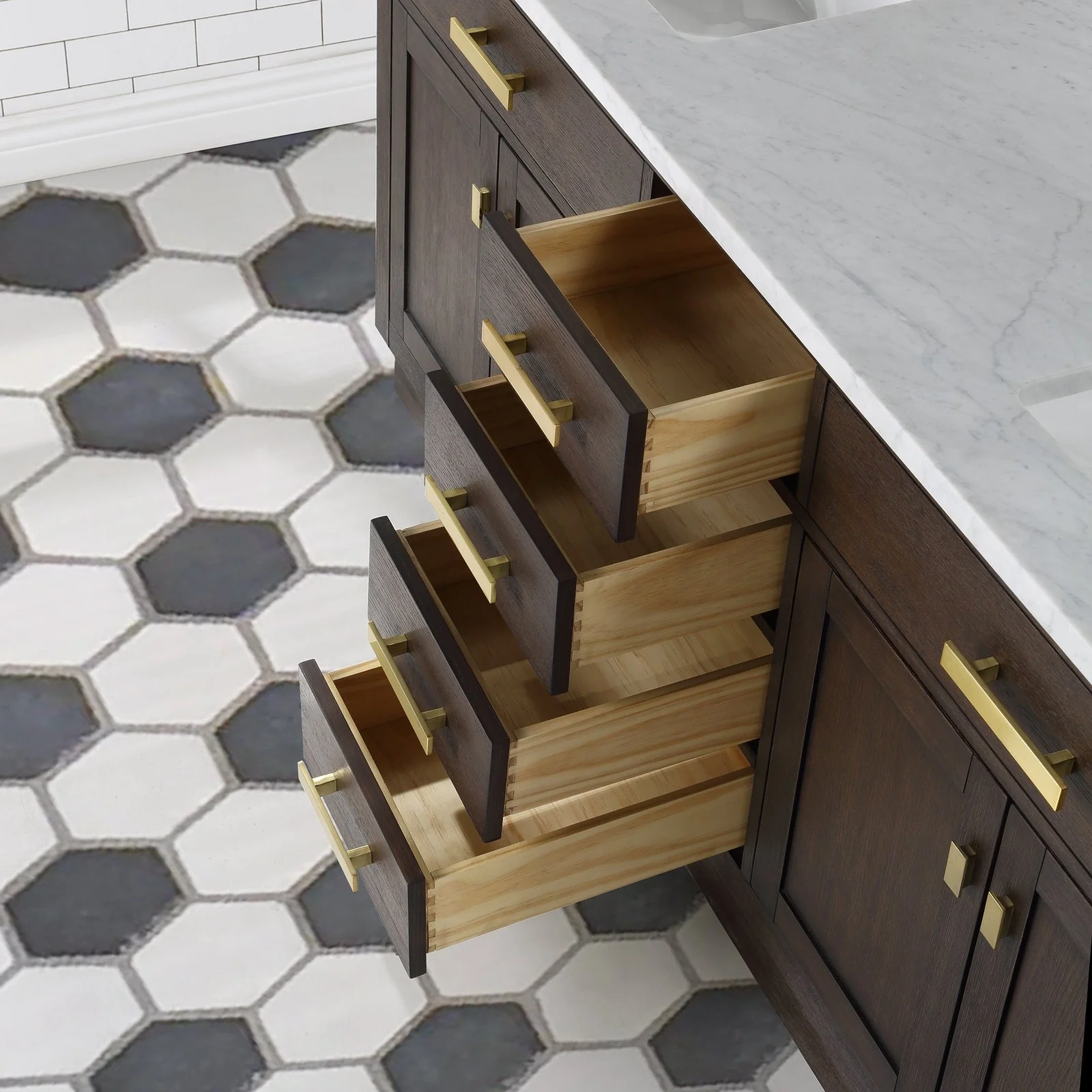 Water Creation Chestnut 72" Double Sink Carrara White Marble Countertop Vanity In Brown Oak with Mirrors - Image 9
