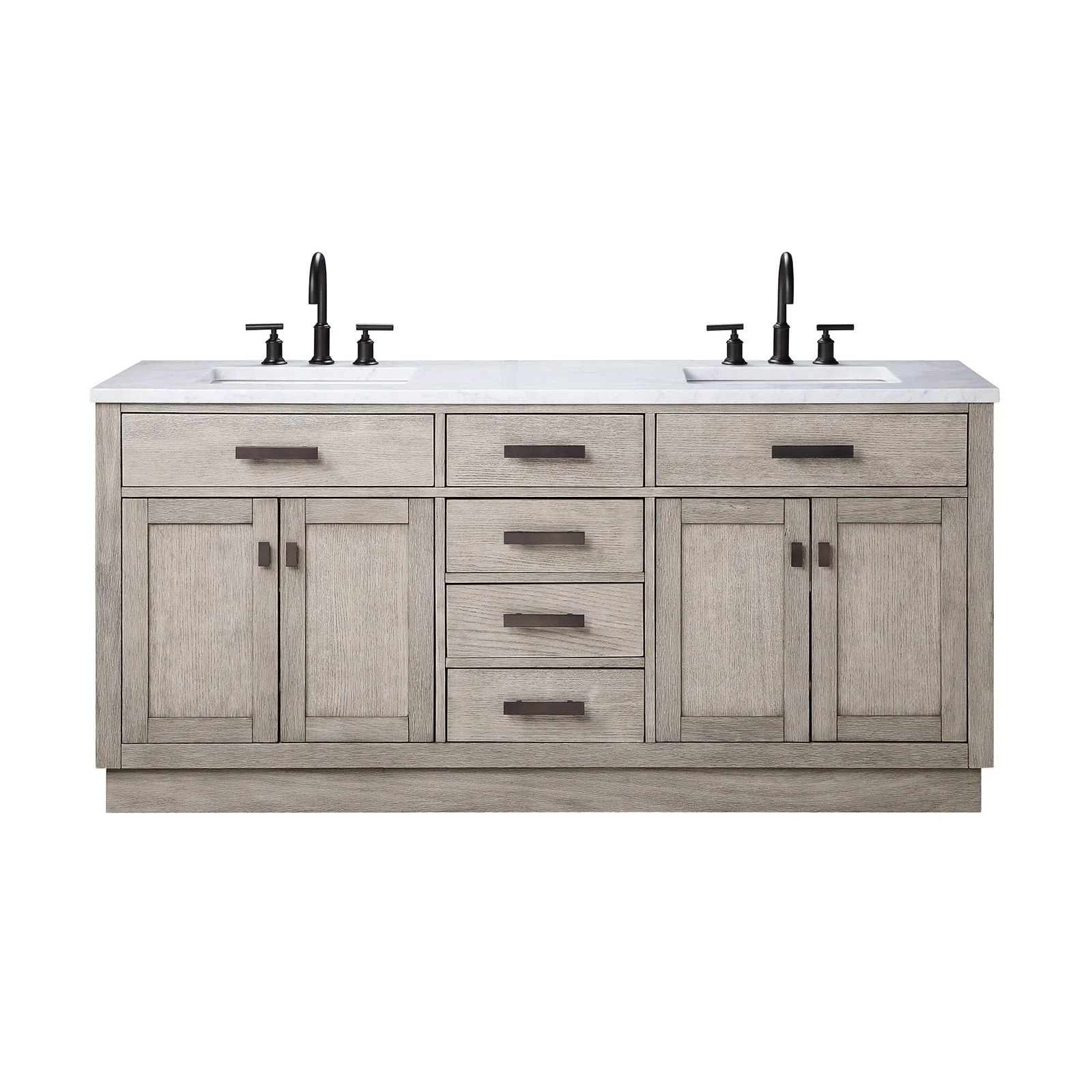 Water Creation Chestnut 72" Double Sink Carrara White Marble Countertop Vanity In Grey Oak with Gooseneck Faucets - Image 3
