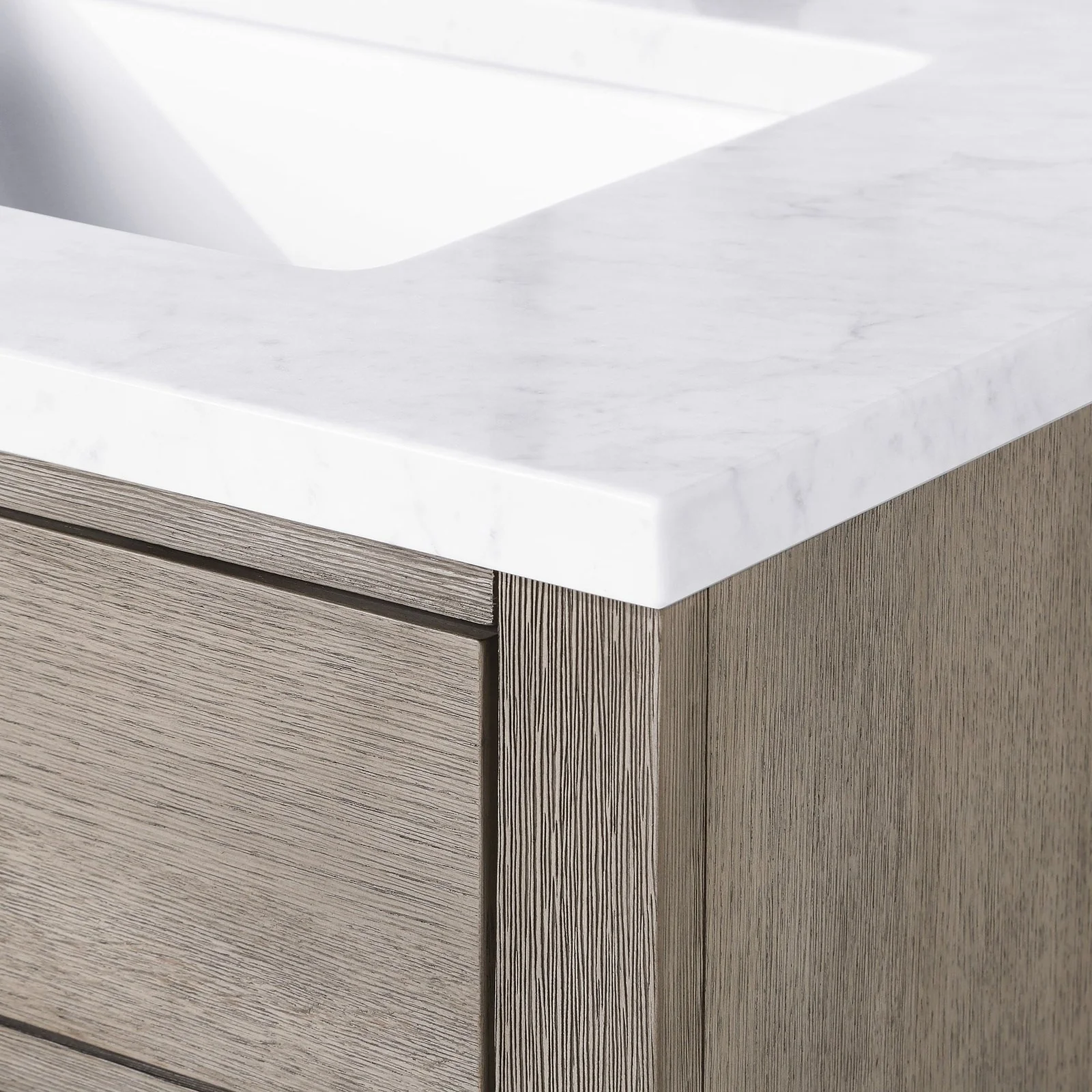 Water Creation Chestnut 72" Double Sink Carrara White Marble Countertop Vanity In Grey Oak with Mirrors - Image 4