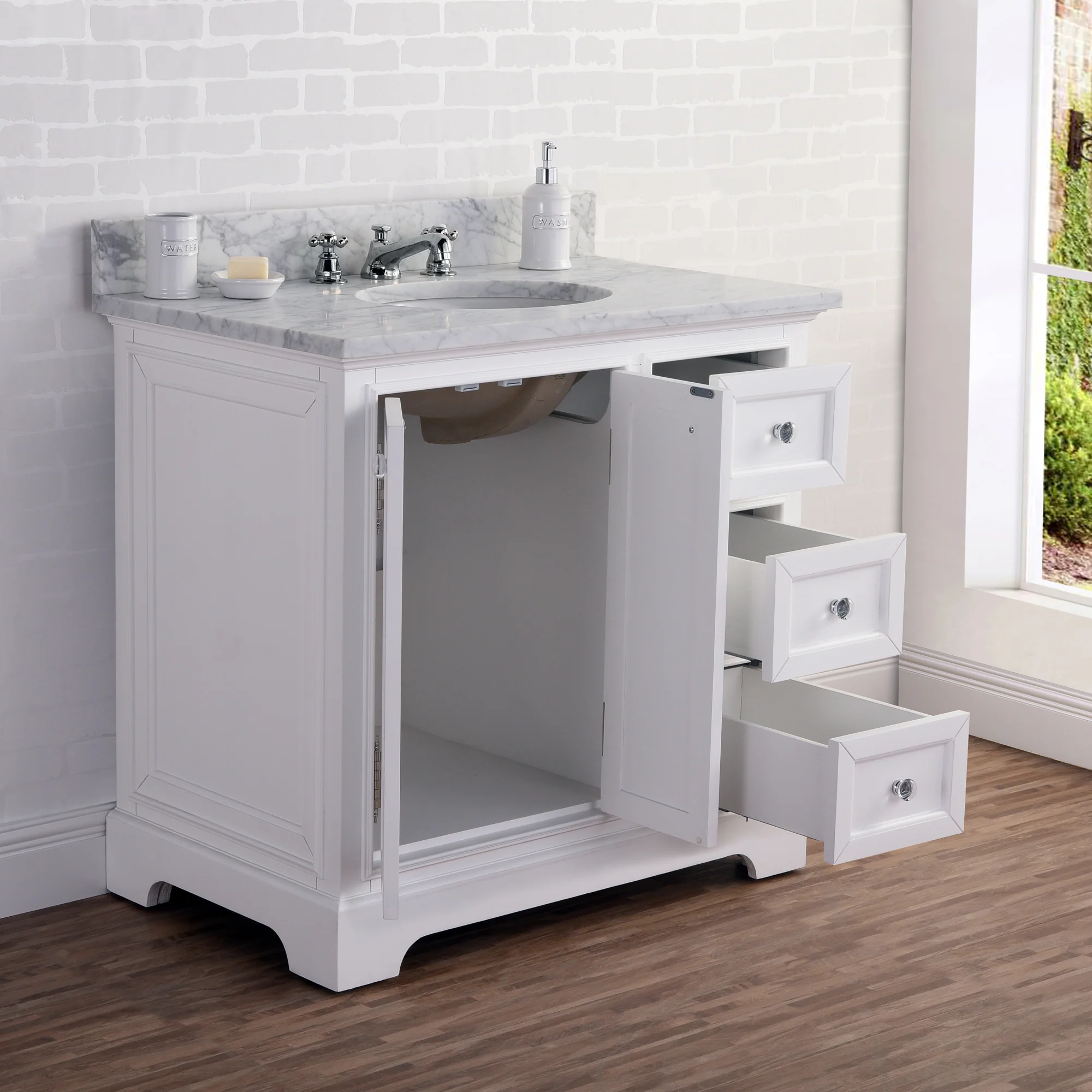 Water Creation Derby 36" Wide Pure White Single Sink Carrara Marble Bathroom Vanity From The Derby Collection - Image 6