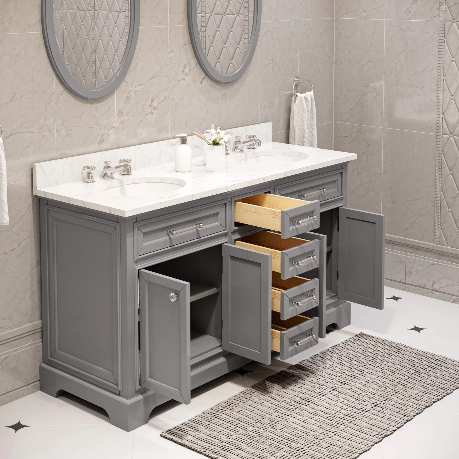 Water Creation Derby 60"  Pure White Double Sink Bathroom Vanity With Matching Framed Mirrors From The Derby Collection - Image 6
