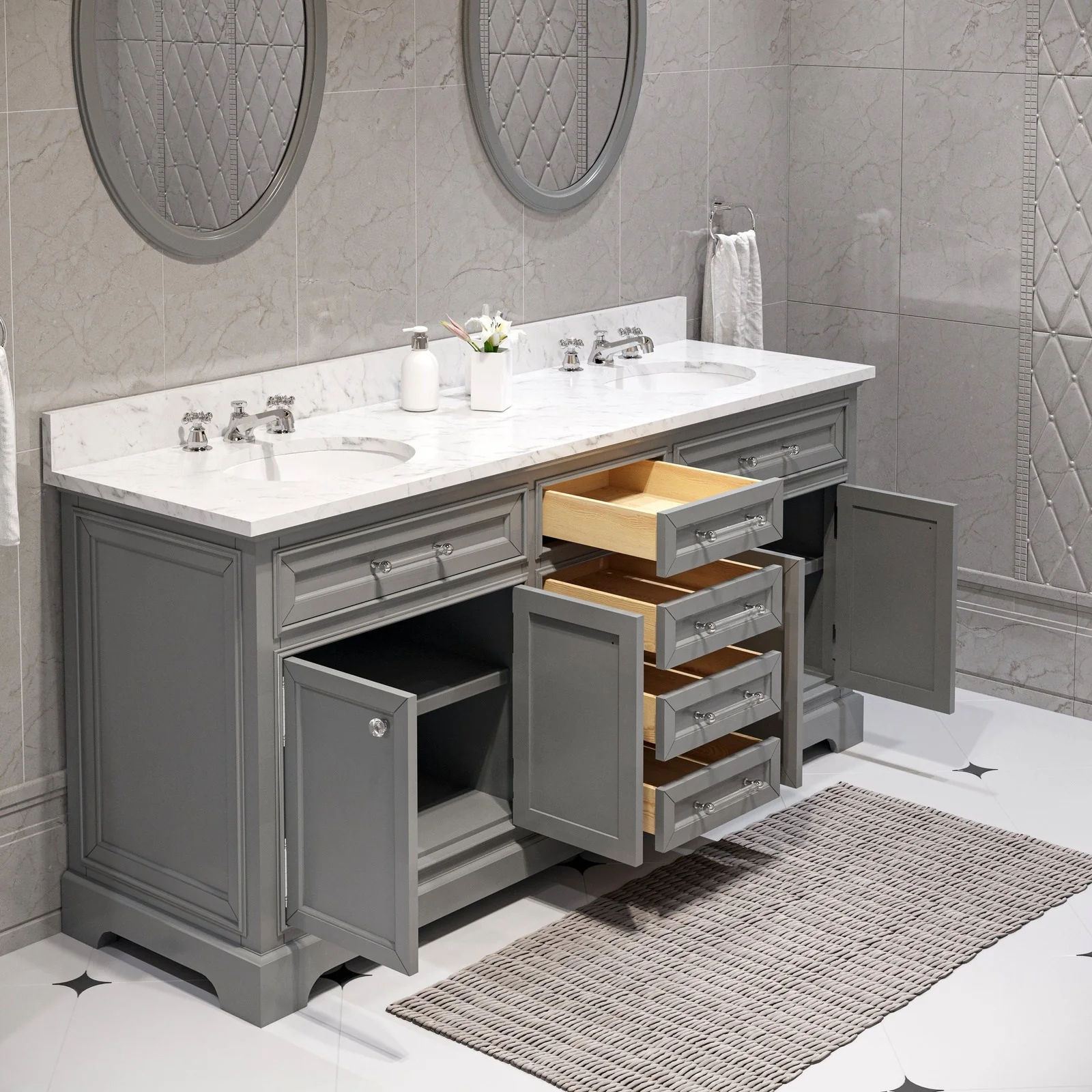 Water Creation Derby 72" Cashmere Grey Double Sink Bathroom Vanity With Matching Framed Mirrors And Faucets - Image 3