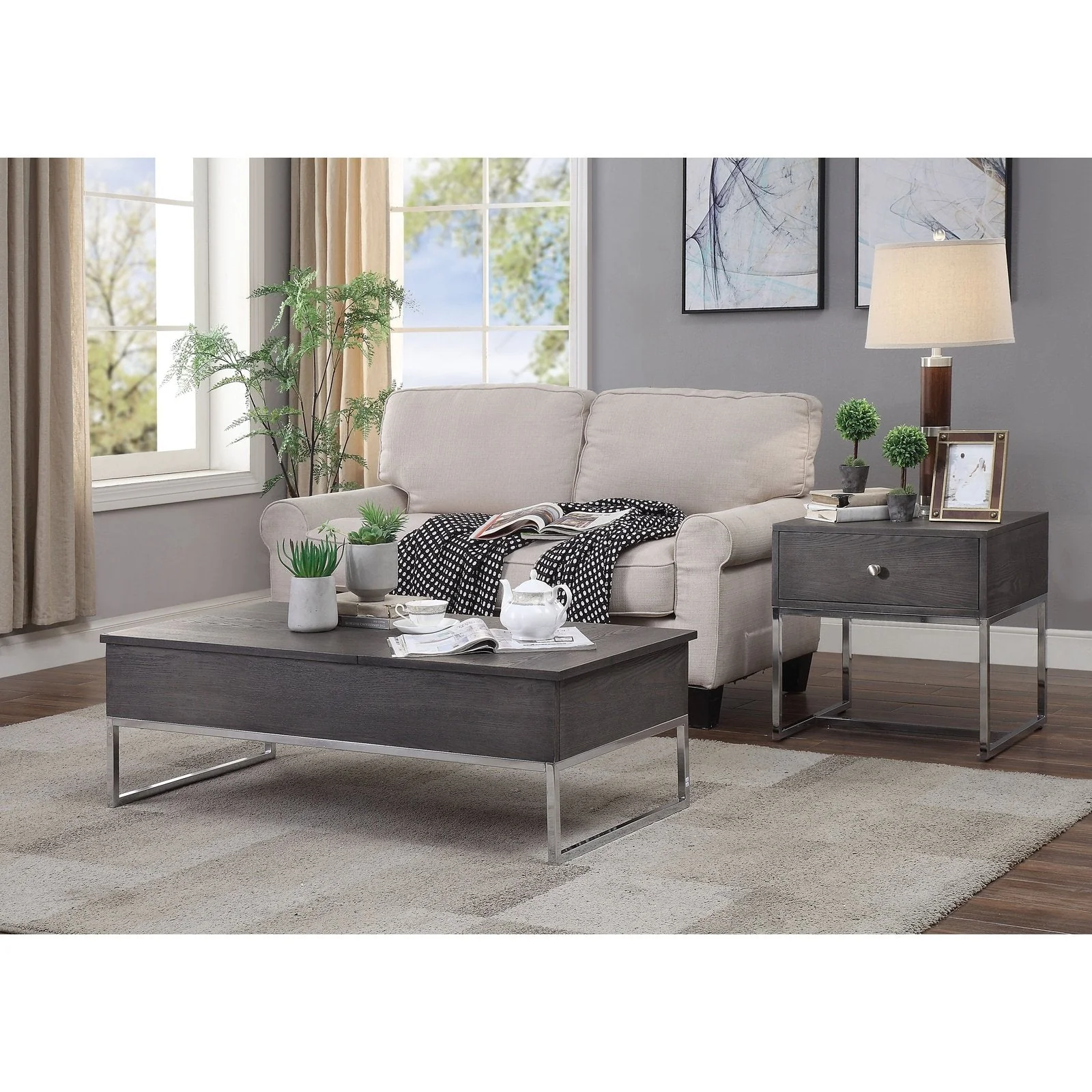 Benzara Wooden Coffee Table With Two Lift Tops And Metal Sled Leg Support, Gray And Silver BM193840 - Image 4