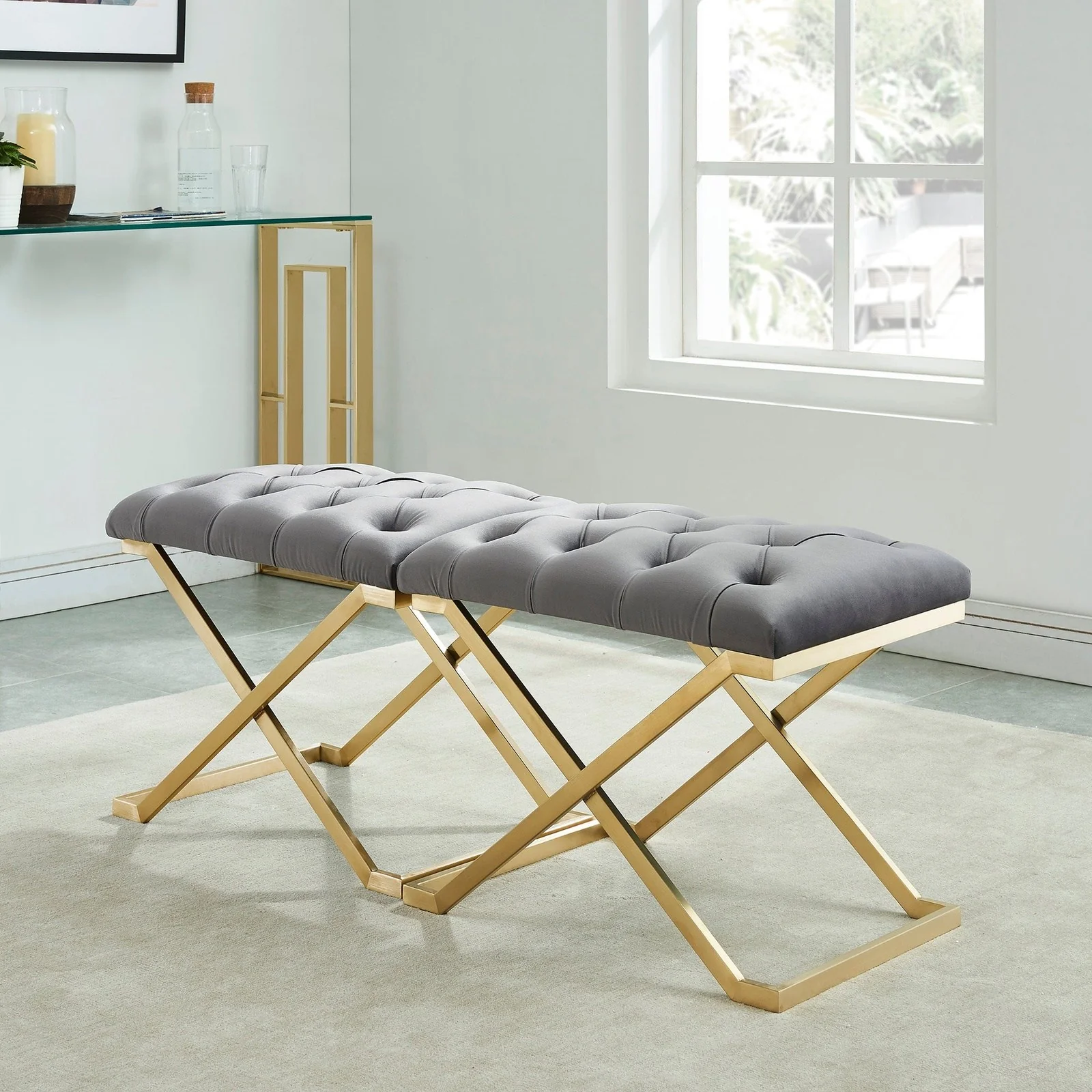Worldwide Home Furnishings Rada-Single Bench-Grey/Gold Bench 401-404GY - Image 2